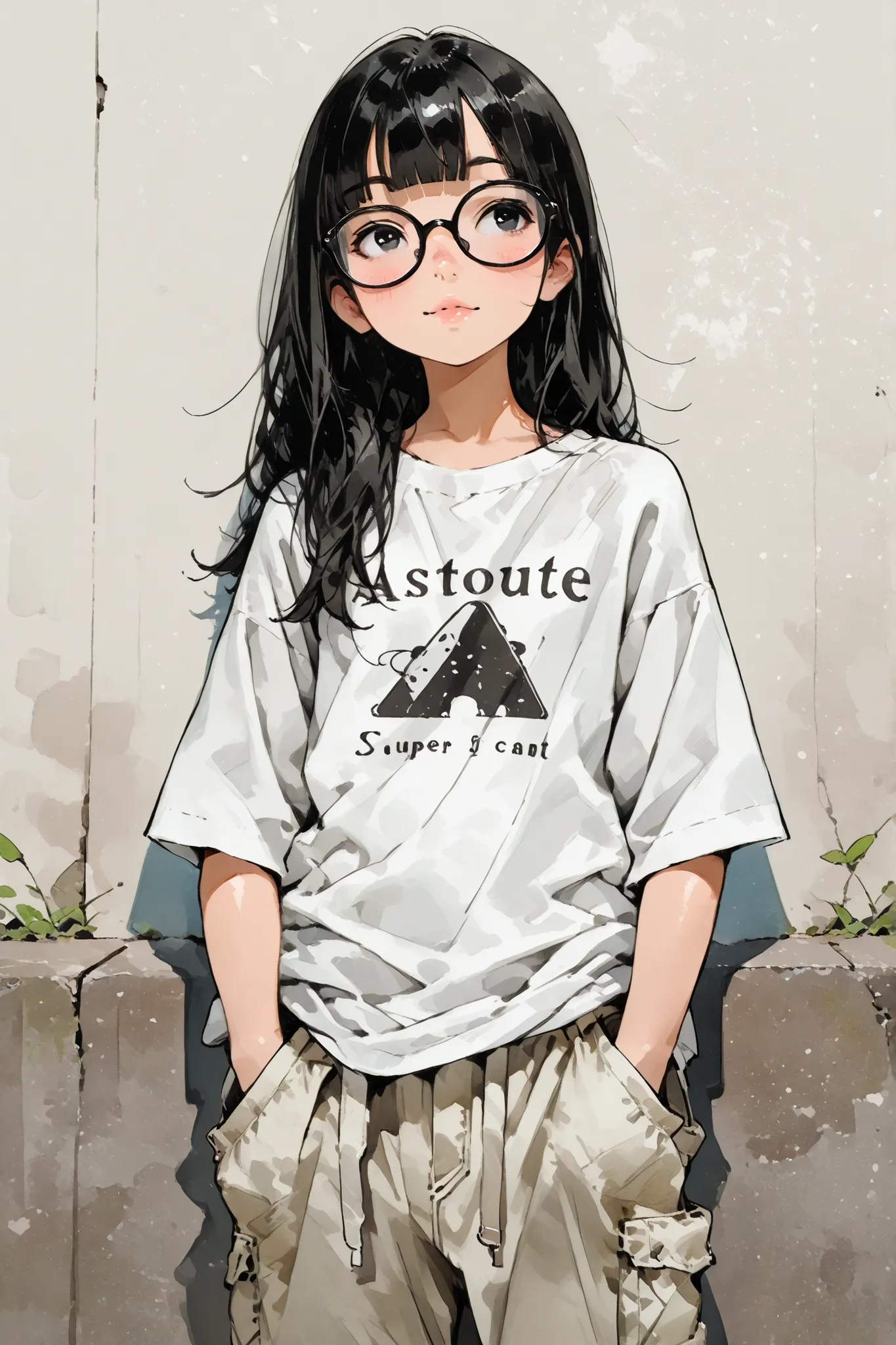 1girl,Super Detailed,absolute resolution,(dynamic angles),(tanned skin:0.3),portrait,((pinup)),
standing,Leaning on wall,Holding the waist of cargo pants,looking up toward viewer,
(oversized white long T-shirt),plain white T-shirt,((untucked T-shirt)),wide...