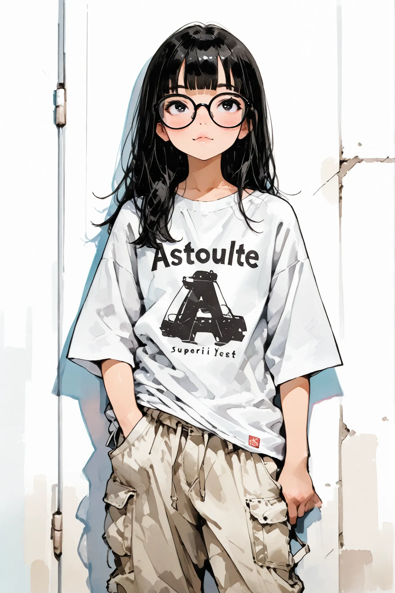 1girl,Super Detailed,absolute resolution,(dynamic angles),(tanned skin:0.3),portrait,((pinup)),
standing,Leaning on wall,Holding the waist of cargo pants,looking up toward viewer,
(oversized white long T-shirt),plain white T-shirt,((untucked T-shirt)),wide...