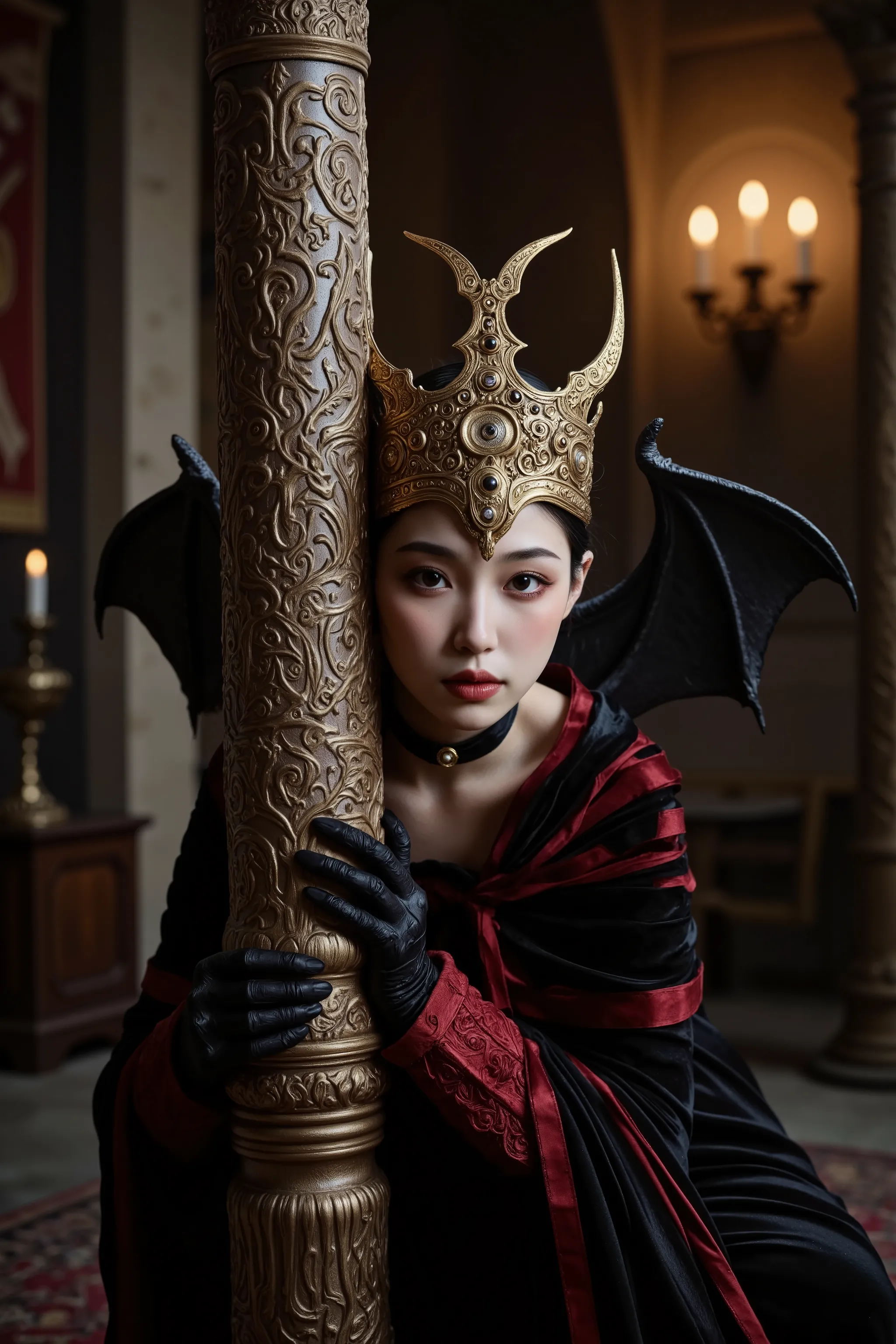 A young female demon with a regal appearance sits on an ornate golden throne hidden behind an intricately carved stone pillar in a dimly lit medieval throne room. The demon wears an elaborate golden crown adorned with jewels and a flowing black velvet cape...