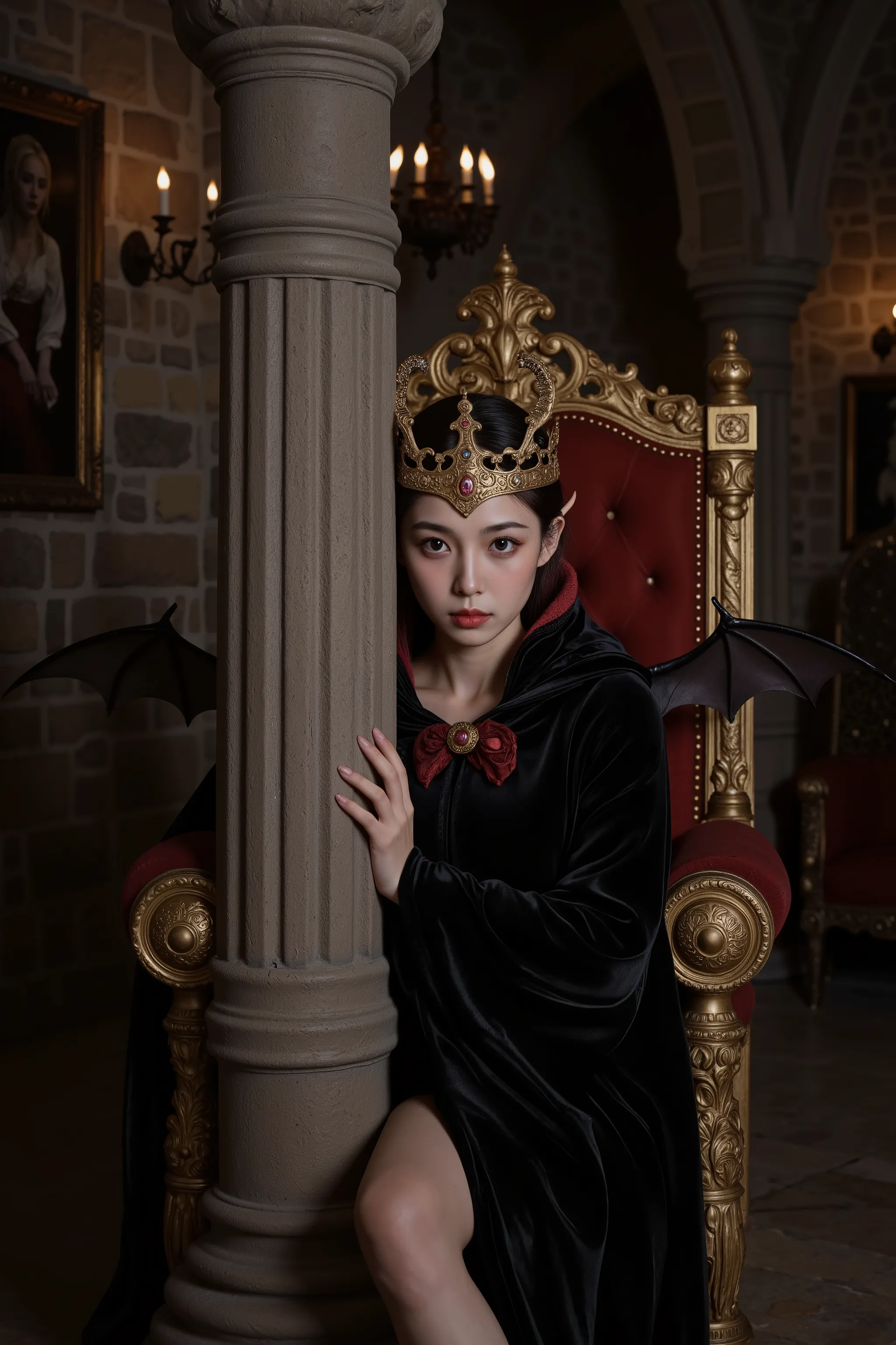 A young female demon with a regal appearance sits on an ornate golden throne hidden behind an intricately carved stone pillar in a dimly lit medieval throne room. The demon wears an elaborate golden crown adorned with jewels and a flowing black velvet cape...