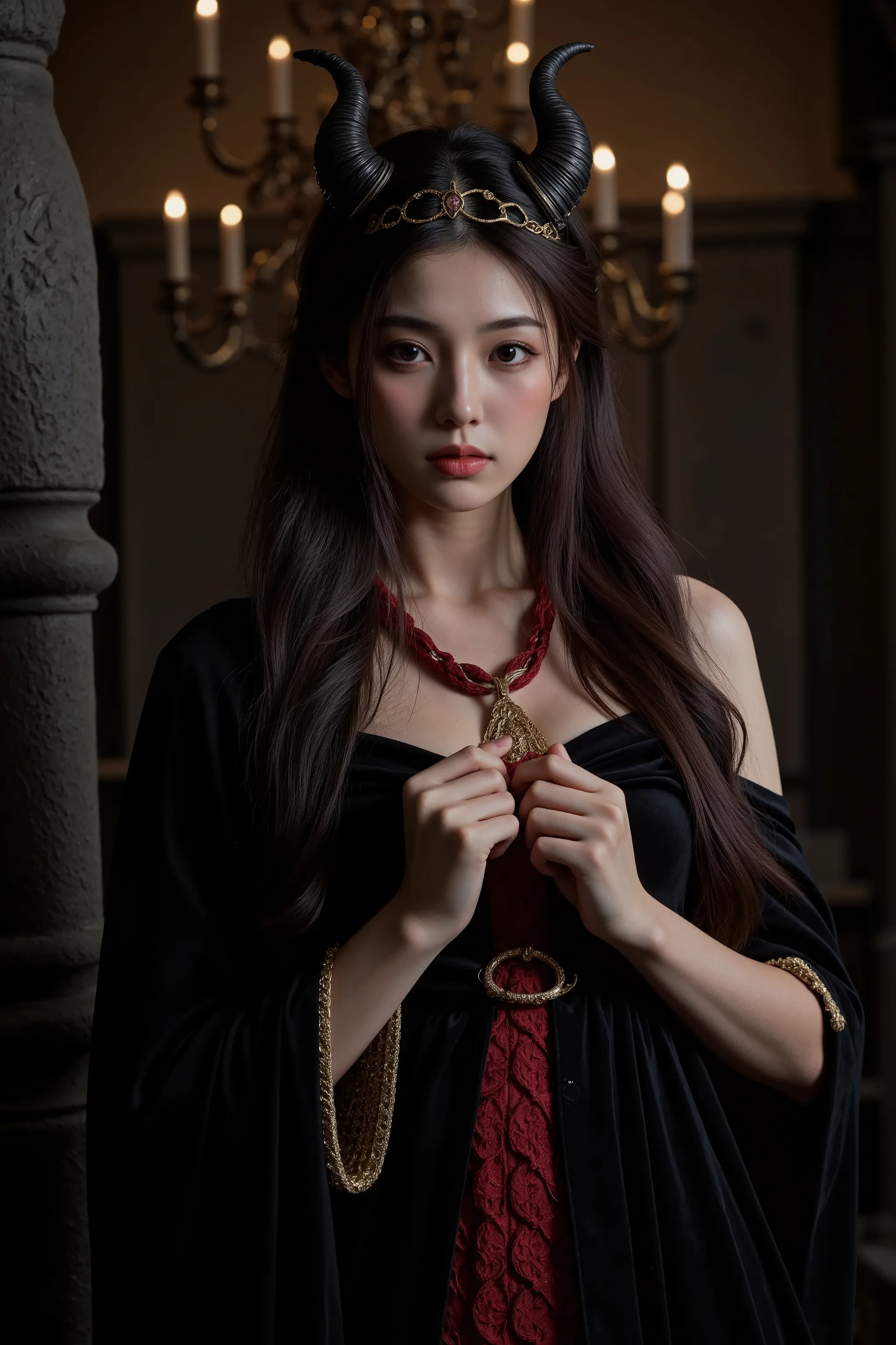 An elegant young woman with demonic features wearing a golden crown and flowing black cloak peeks out from behind an ornate medieval stone throne. The throne sits on a raised stone platform against a dark stone wall with flickering torches casting dramatic...