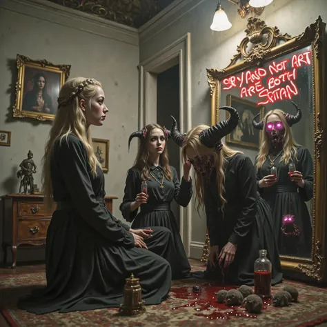 A beautiful young blonde woman kneels in front of a large antique mirror, the mirror reflecting demons in a different dimension. They come through the glass of the mirror when welcomed by the woman, and bring gifts that change form, for instance, statues ...