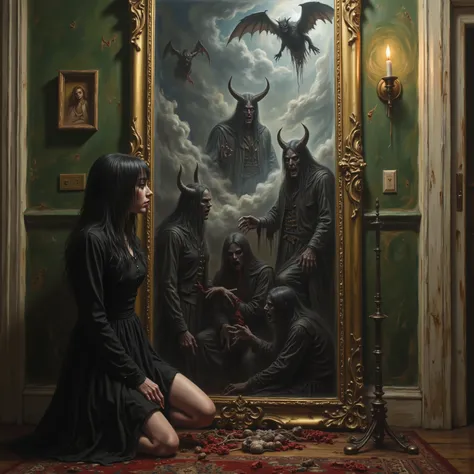 A beautiful young woman kneels in front of a large antique mirror, the mirror reflecting demons in a different dimension. They come through the glass of the mirror when welcomed by the woman, realistic portrait, detailed facial features, demons mive throu...
