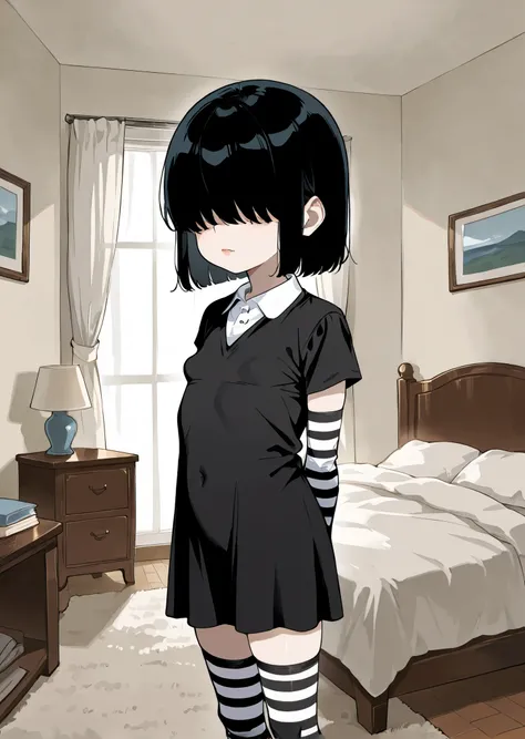 score_9, score_8_up, score_7_up, 1girl, cartoon, Lucy Loud, black hair, hair over eyes, pale, black dress, striped sleeves, striped legwear, standing, indoors, living room, arms behind back, looking at viewer, , Saggy , hyper breasts, detailing face, detai...