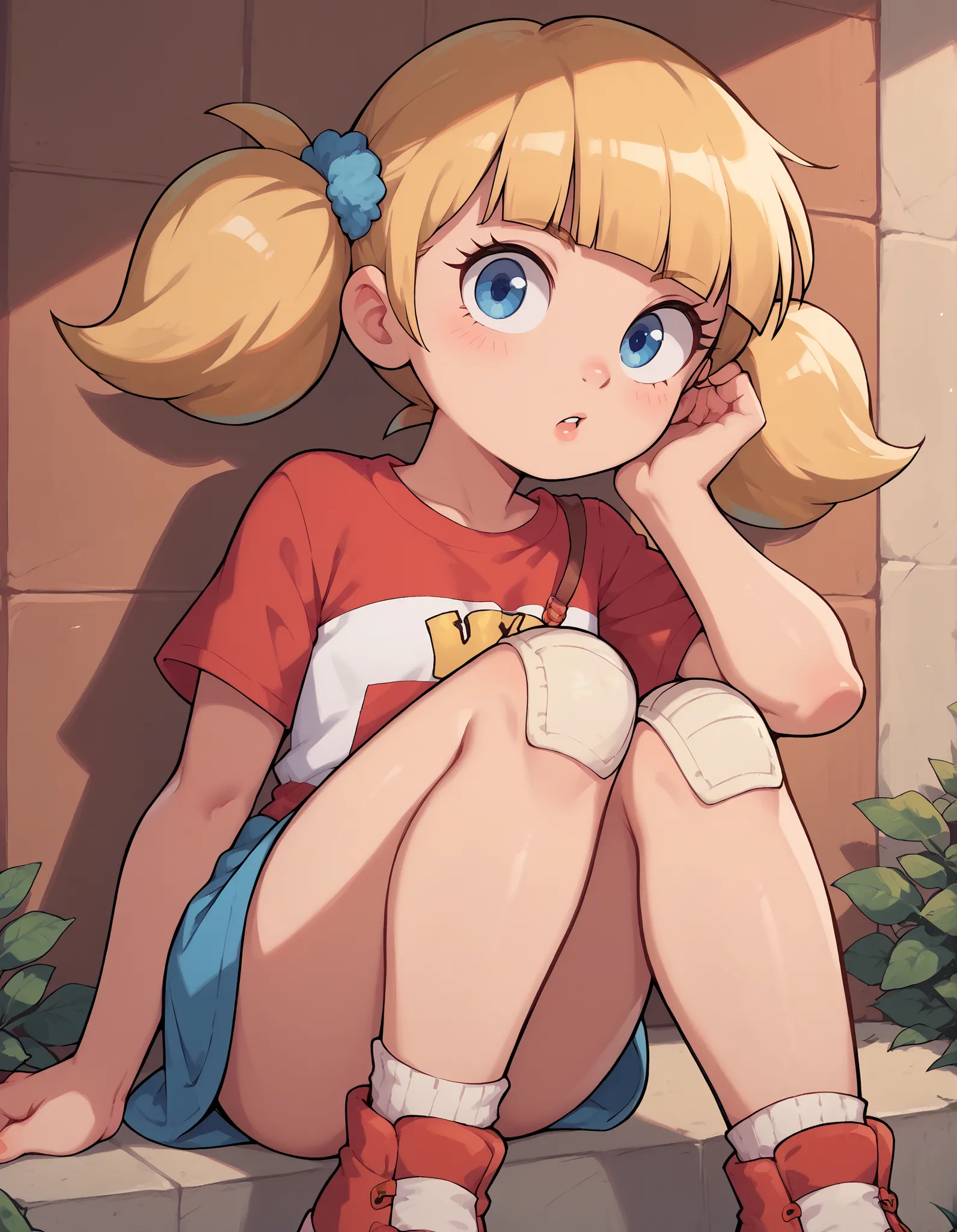 Summer dress looking over shoulderscore_9, score_8_up, score_7_up, penny_ig, blonde hair, twintails, blue eyes, red shirt, stripe, knee patch, dim lighting factory
