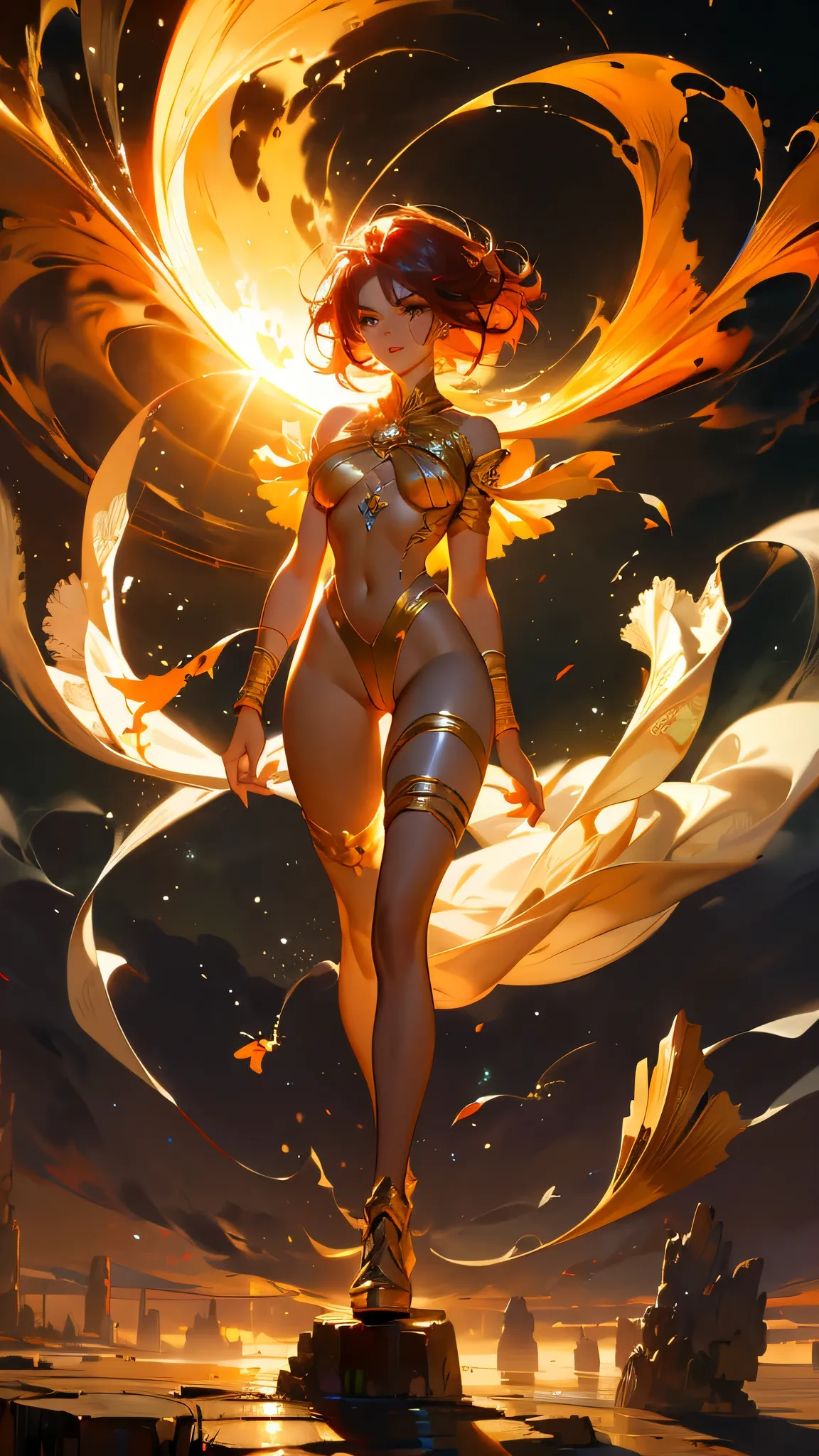 masterpiece, Natural Light，Movie Light，Ancient battlefield，Delicate face，warrior，Full body painting，Perfect body proportions，Large Breasts，Long Legs，Dark skin，Redhead，Golden eyes handsome short hair，Beautiful eyes，Fantasy style，Extremely beautiful，White ba...