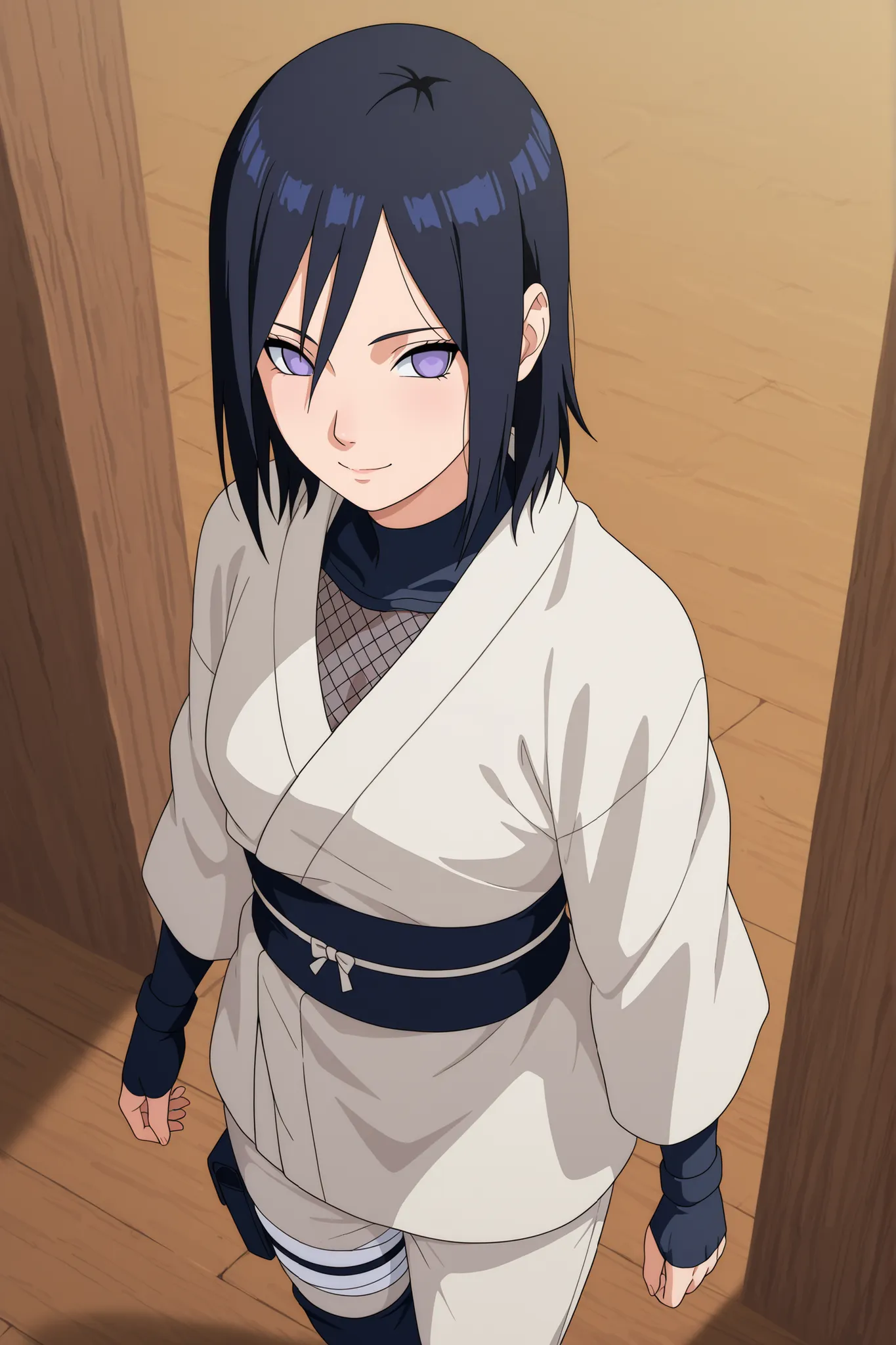 (((IZUMI NASE)))) walking confidently through a war field. The art style should closely match that of Naruto or similar shounen anime, with clean linework and soft shading. ((Solo)), traditional white kimono with layered leg accessories (bandages, thigh po...