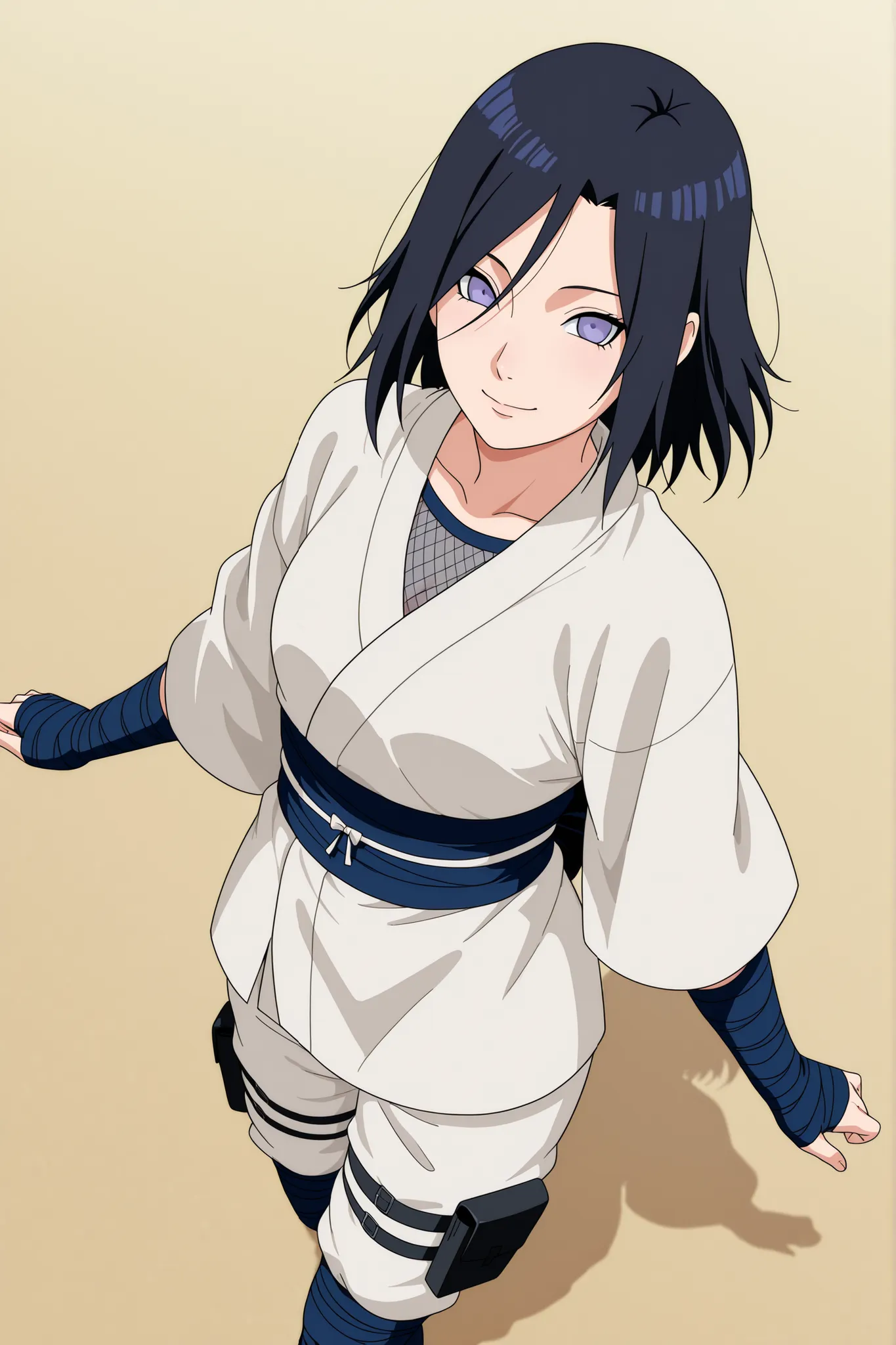(((IZUMI NASE)))) walking confidently through a war field. The art style should closely match that of Naruto or similar shounen anime, with clean linework and soft shading. ((Solo)), traditional white kimono with layered leg accessories (bandages, thigh po...