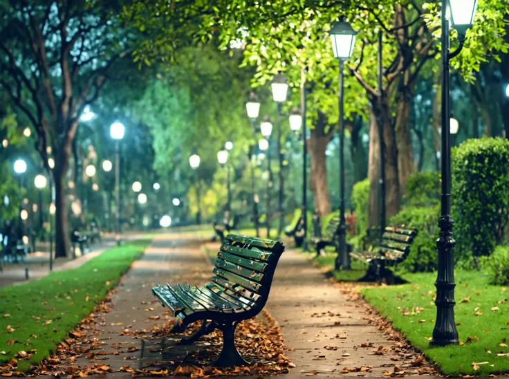 masterpiece,absurd resolution,8k,
EnhanceImage,artifical lights,no humans, scenery, bench, tree, outdoors, lamppost, grass, blurry, nature, park, water, park bench, leaf, depth of field
