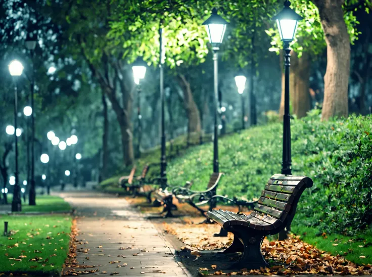 masterpiece,absurd resolution,8k,
EnhanceImage,artifical lights,no humans, scenery, bench, tree, outdoors, lamppost, grass, blurry, nature, park, water, park bench, leaf, depth of field