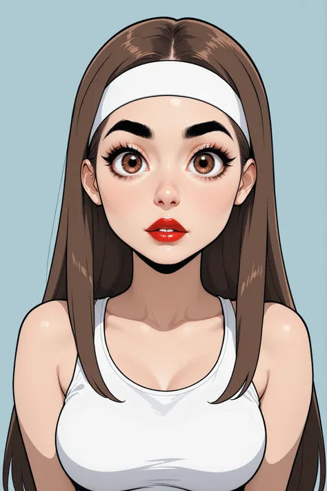 perfect face, straight hair, lightest brown hair, (((white headband))), black eyebrows, thick eyebrows, black eyeliners, big eyes, (((brown eyes))), bright red lips, thick lips, beautiful woman, white tank top, medium breasts, (looking at viewer)
