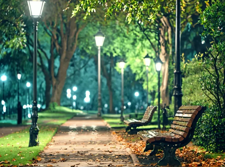 masterpiece,absurd resolution,8k,
EnhanceImage,artifical lights,no humans, scenery, bench, tree, outdoors, lamppost, grass, blurry, nature, park, water, park bench, leaf, depth of field