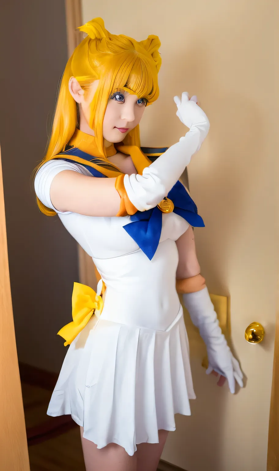 best quality、Real photo、Sailor Venus、Sailor Venusオレンジコスチュームを着た女性が写真撮影でポーズをとっている, Sailor Venus、sexy、 beautiful  facial features、Ayaka cosplay, Sailor Galaxia.  beautiful , cosplay, by Sailor Moon, アニメガールcosplay, Anime cosplay, 広告用cosplay, Sailor Moon Style,...