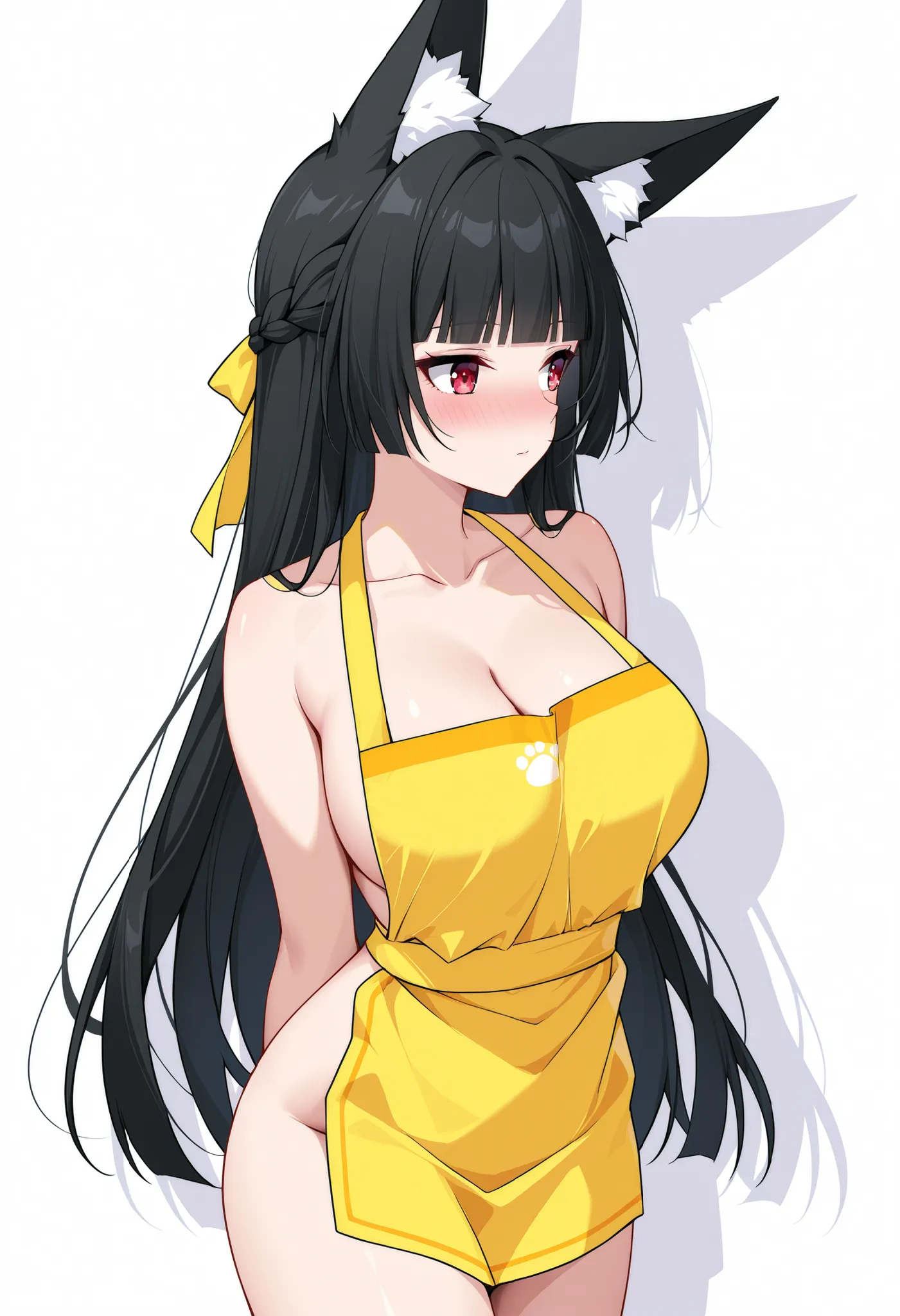 Hoshimi miyabi, animal ear fluff animal ears apron black hair blunt bangs blush braid breasts cleavage collarbone female fox ears french braid large breasts long hair looking to the side naked apron red eyes solo very long hair yellow apron, white backgrou...