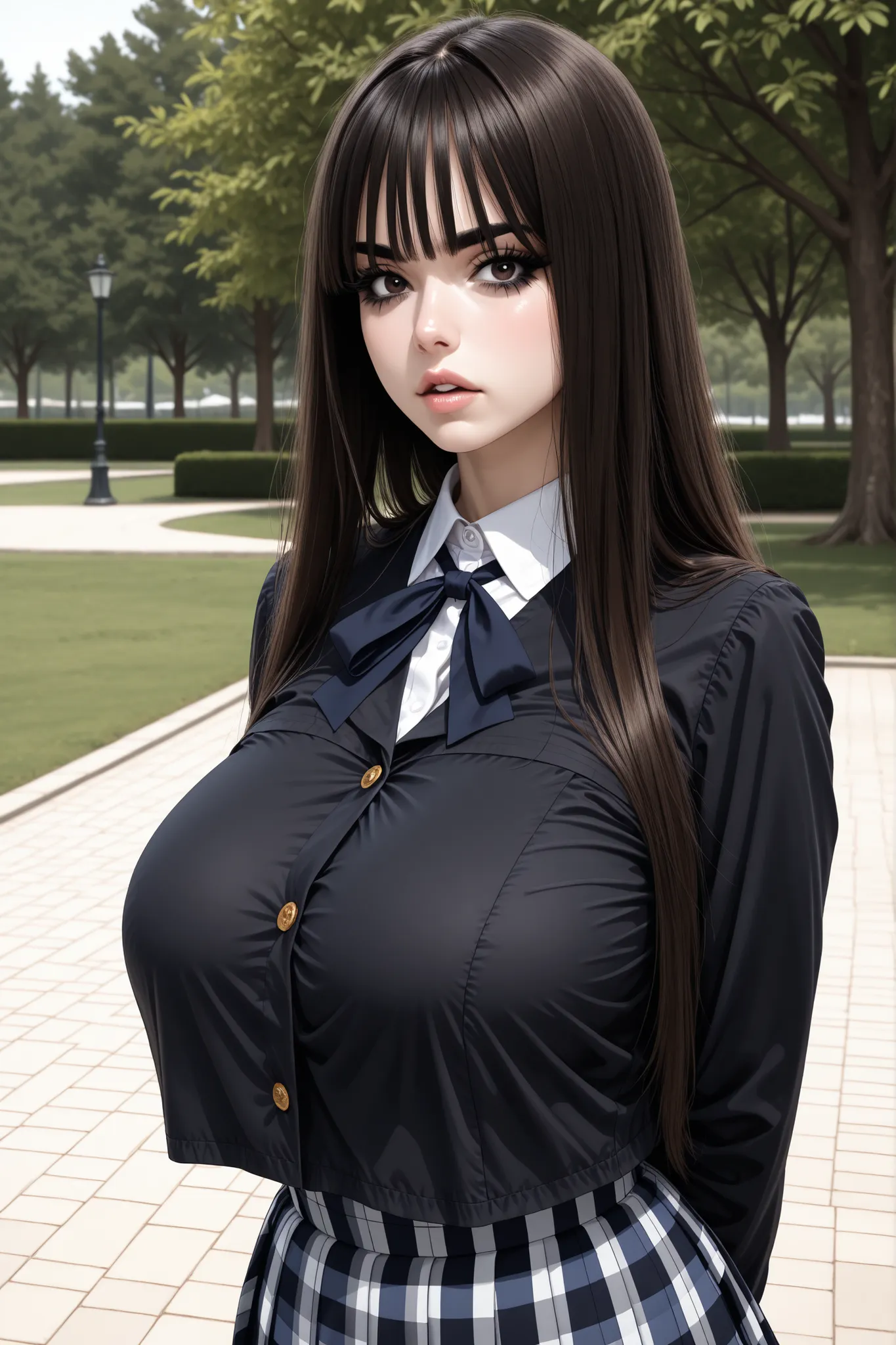 (school uniform, Black uniform), (perfect face, perfect body), dark brown hair, very long bangs hair, black thin eyebrows, dark brown eyes, (black eyelashes, black eyeliners, purple eyeshadows), nose, normal lips, light red lips, parted lips, (big breasts,...