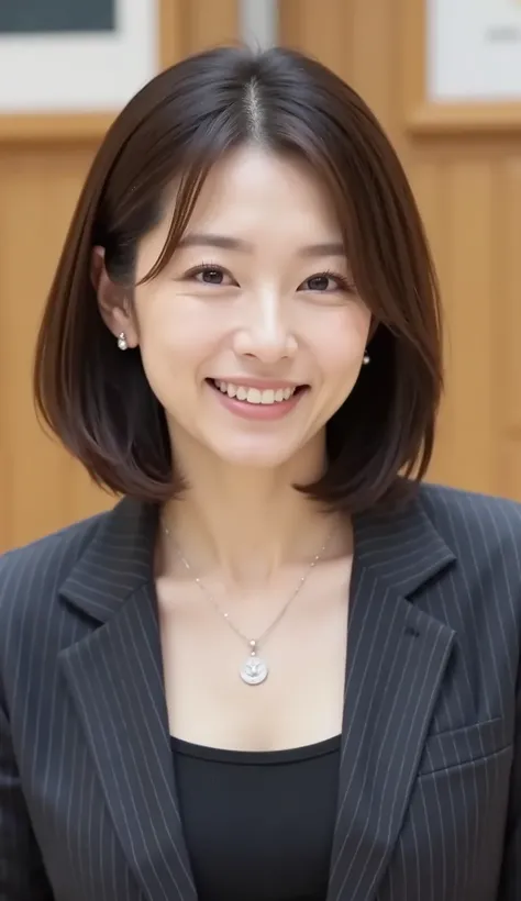 nsfw、From front、Japanese in a グレーcollarless suit、looking at the camera、25-year-old female minister、、hairstyle shortcuts、wavy hair、Ear piercings、necklace、、黒髪、during regular press conference、(bust up shot:1.5)、、Smiling Face Showing Teeth Video Generation