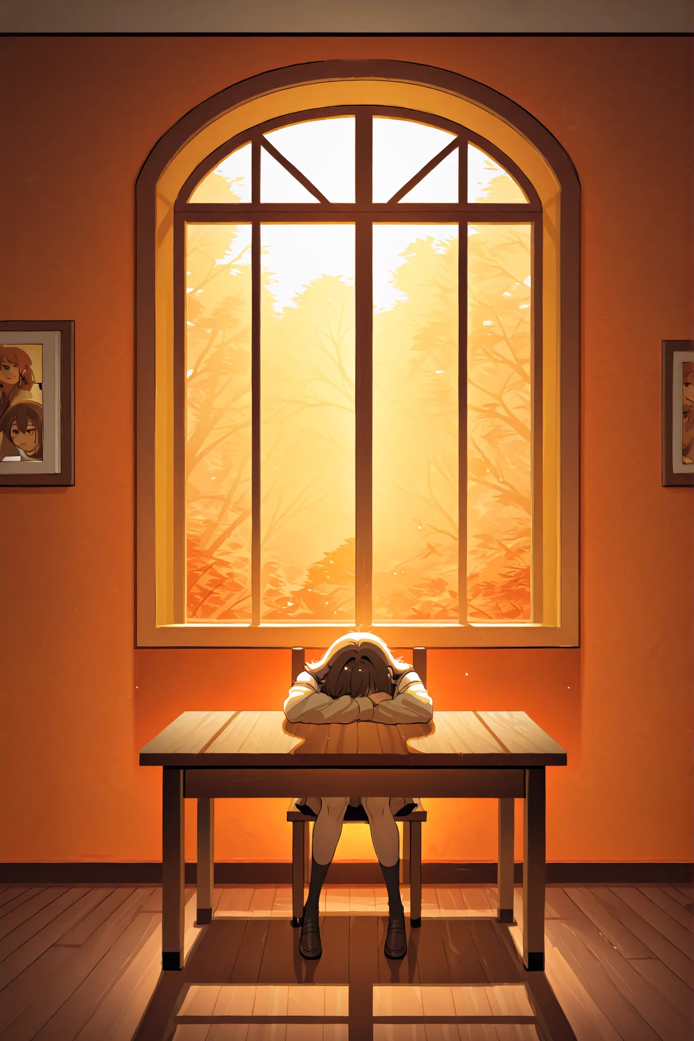 In a striking monochromatic composition, the room is bathed in an intense orange hue. Central to the image is a round yellow table with thin legs, positioned against a vivid orange wall. Sunlight streams through an unseen window, casting rectangular shadow...