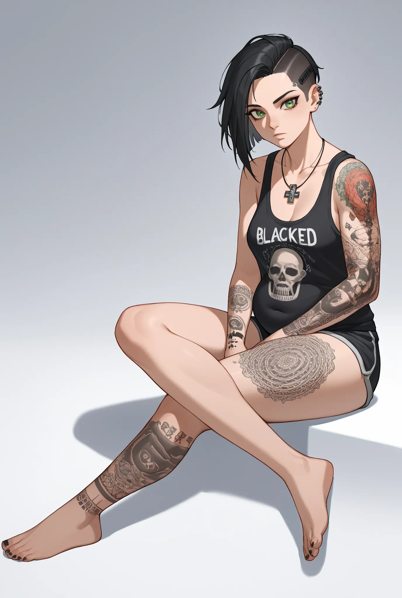 female, short undercut black hair (swept to the side), green eyes, covered head to toe in strange black runic tattoos (entire skin/full body tattoos), strange black sigils around eyes/face, weird black runic tattoos on the hands/fingers, black mini shorts ...