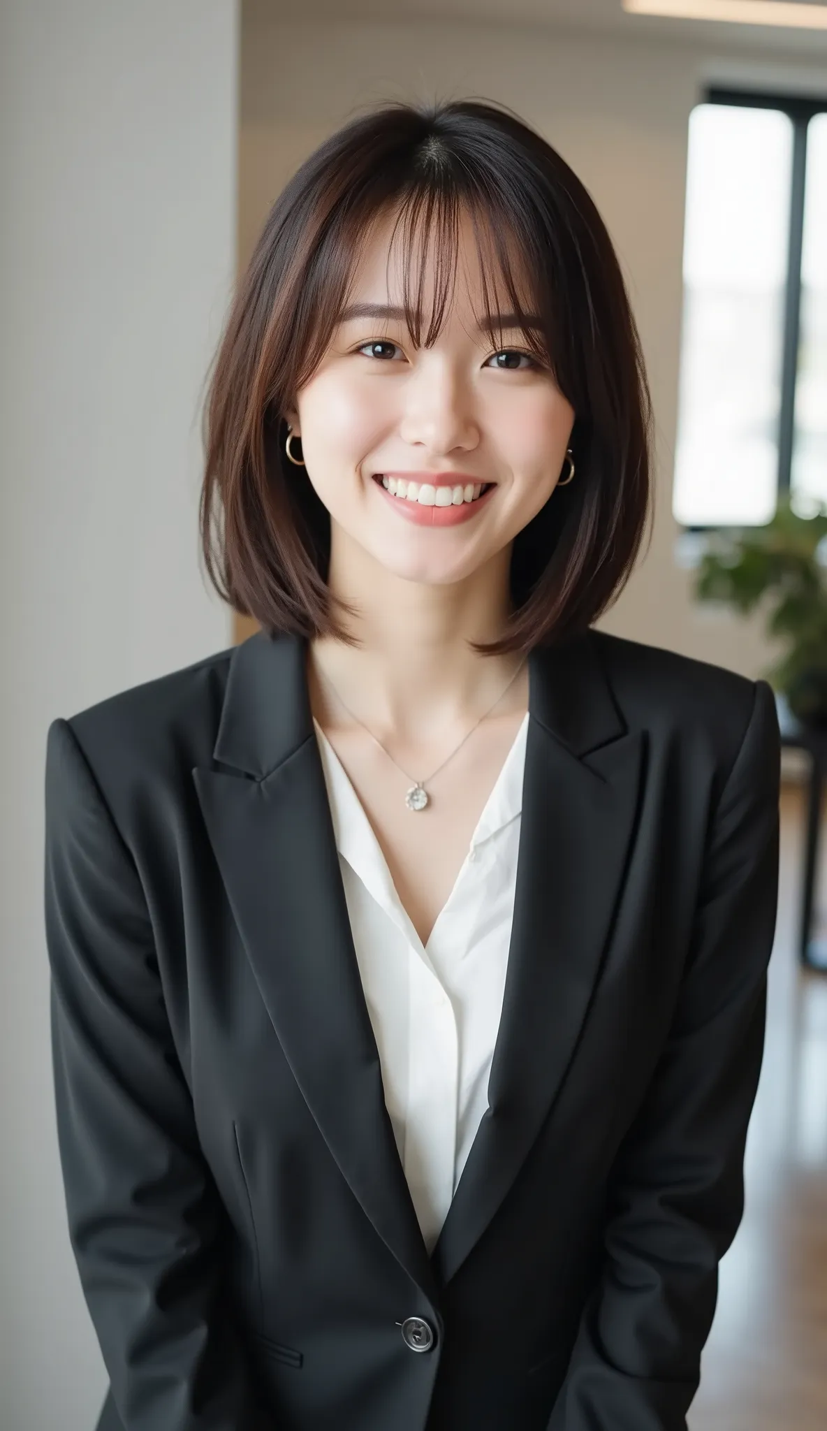Neat Young Woman、and look at the camera、office lady suit、jacket、shirt、necklace、ear piercing、髪型ボブヘア、、smile showing teeth、背景はオフィス

