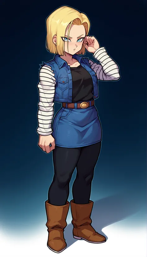 Masterpiece, the best quality, high quality, ultra detailed, master-piece, hyper quality, hyper detailed, perfect drawing, excellent human body anatomy accuracy, Dragon Ball, Android18, short blond hair, wearing a tight Black Cotton Tank, Long Sleeve Strip...