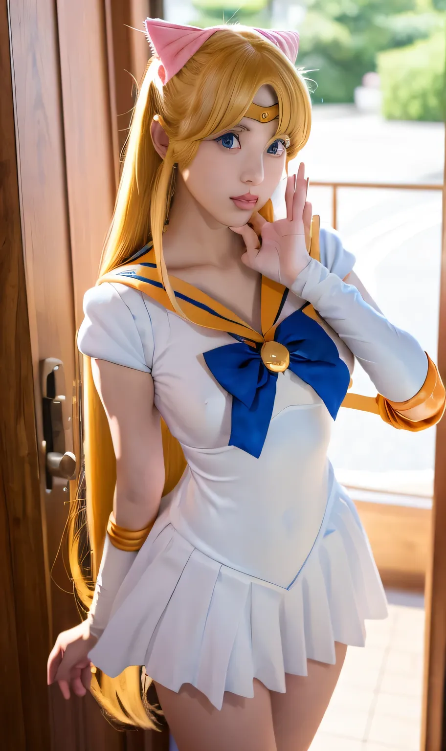 best quality、Real photo、Sailor Venus、Sailor Venusオレンジコスチュームを着た女性が写真撮影でポーズをとっている, Sailor Venus、sexy、 beautiful  facial features、Ayaka cosplay, Sailor Galaxia.  beautiful , cosplay, by Sailor Moon, アニメガールcosplay, Anime cosplay, 広告用cosplay, Sailor Moon Style,...
