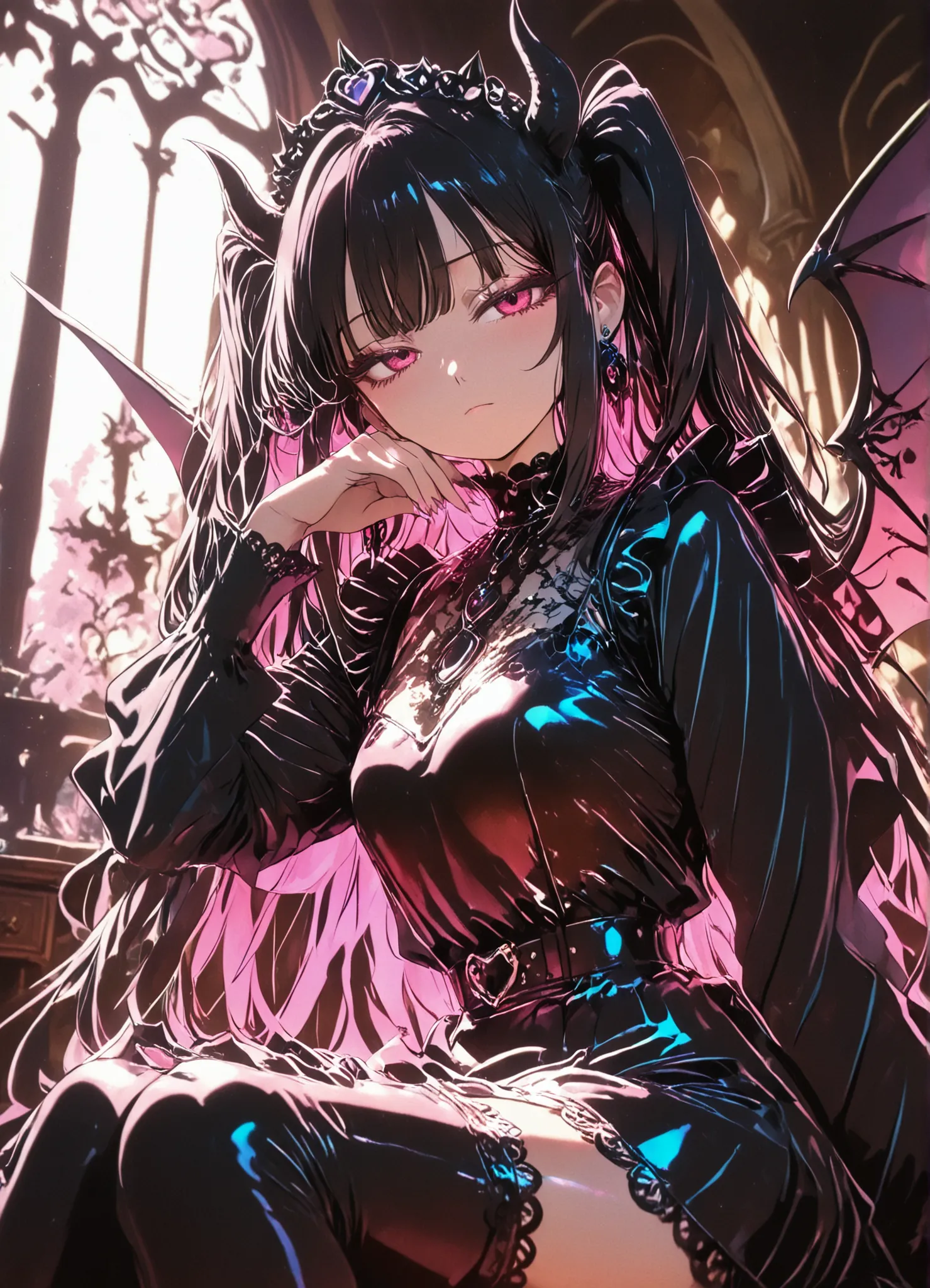 top quality, perfect finish, super resolution, Demon King Girls, Shy Expression, black and gold odd-eye, Reimu with Upward Eyes, Side Sitting, Gothic Dress, Little Horns and Wings, Lace Embellished , Inside the Demon Castle, Big Windows, Antique Furniture,...