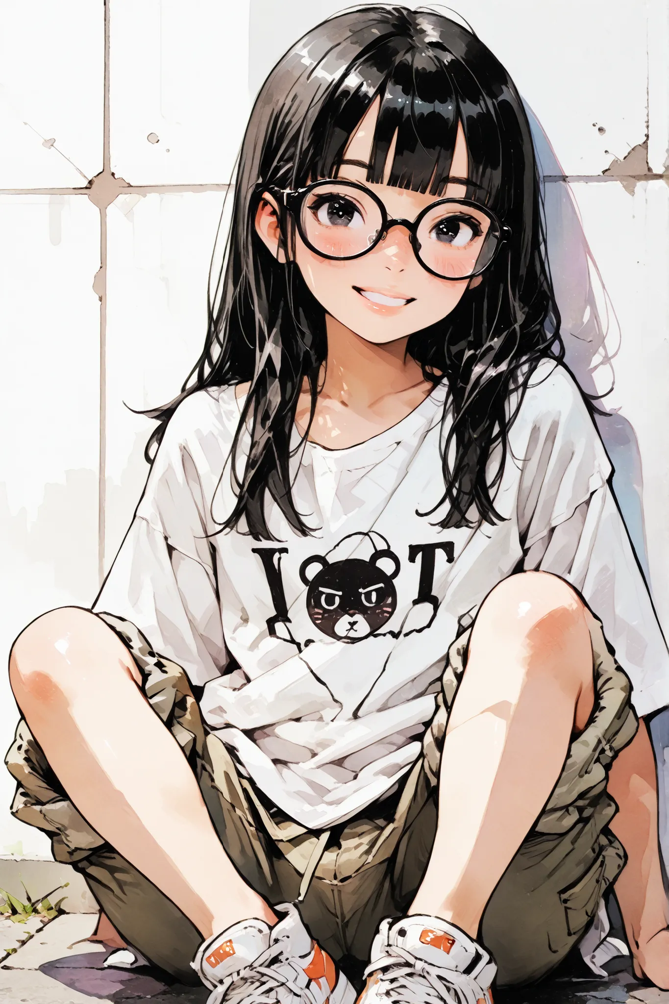 1girl,Super Detailed,absolute resolution,(dynamic angles),(tanned skin:0.3),portrait,((pinup)),close-up,
sitting,Leaning on wall,knees up,looking at viewer,
(oversized white long T-shirt),(Numbers drawn T-shirt),((untucked T-shirt)),wide pant,cargo pants,(...