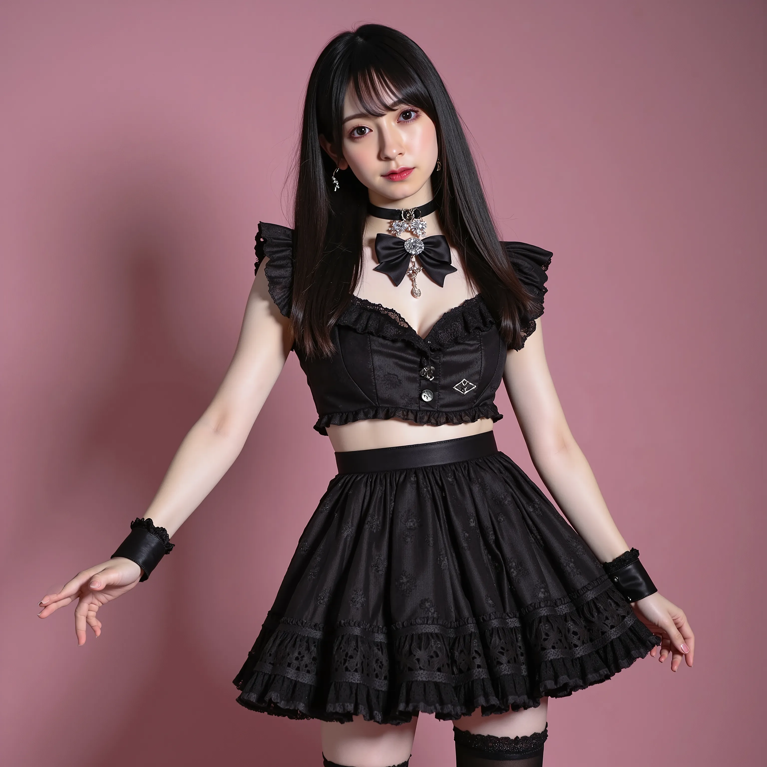 sexy stylish female model, only 1 female, ((doll-like appearance)), long black hair, ((shiny Punk-Style boots)), petticoats, high neckline, ((ultra detailed lace)), ((ultra detailed embroidery)), intricate details, tartan patterns, safety pins, Punk Lolita...