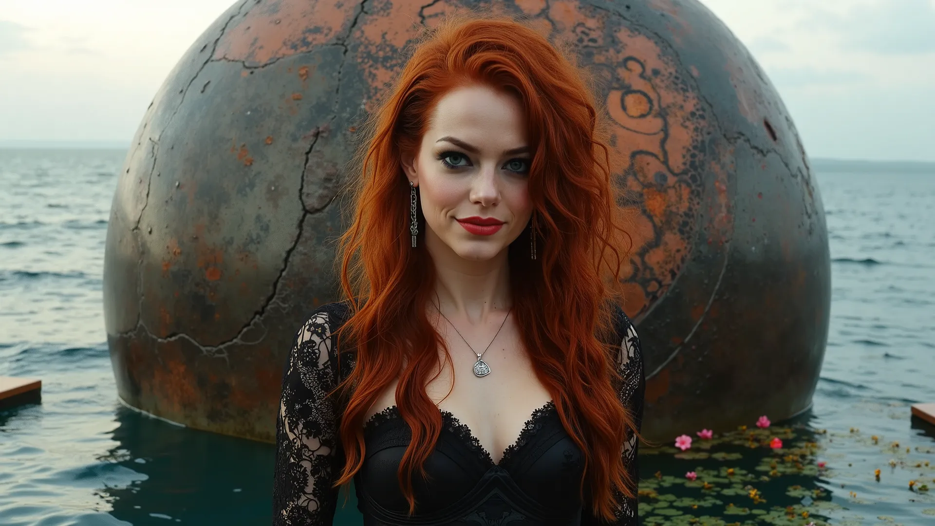 Beautiful virtuous woman, sensual and playful smile, sexy makeup. Exotic redhead, playful and sensual smile, makeup. Long curly hair, long braids. Beautiful, slender, and lush body. (skin and facial details). Tight, gothic-style outfit with lacework. Manic...