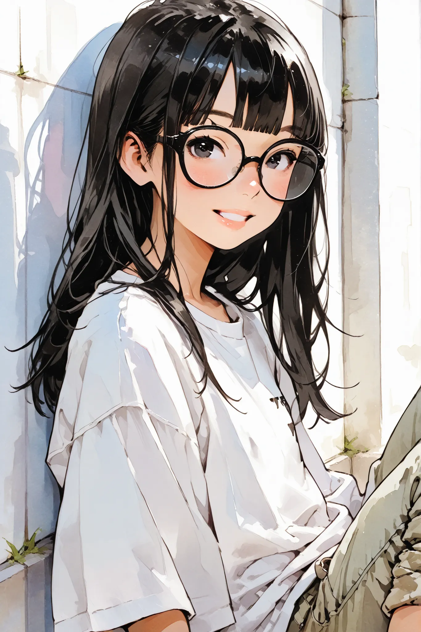 1girl,Super Detailed,absolute resolution,(dynamic angles),(tanned skin:0.3),(portrait),((pinup)),(close-up),from side,
sitting,Leaning on wall,knees up,looking at viewer,
(oversized white long T-shirt),,((untucked T-shirt)),wide pant,cargo pants,(pants rol...