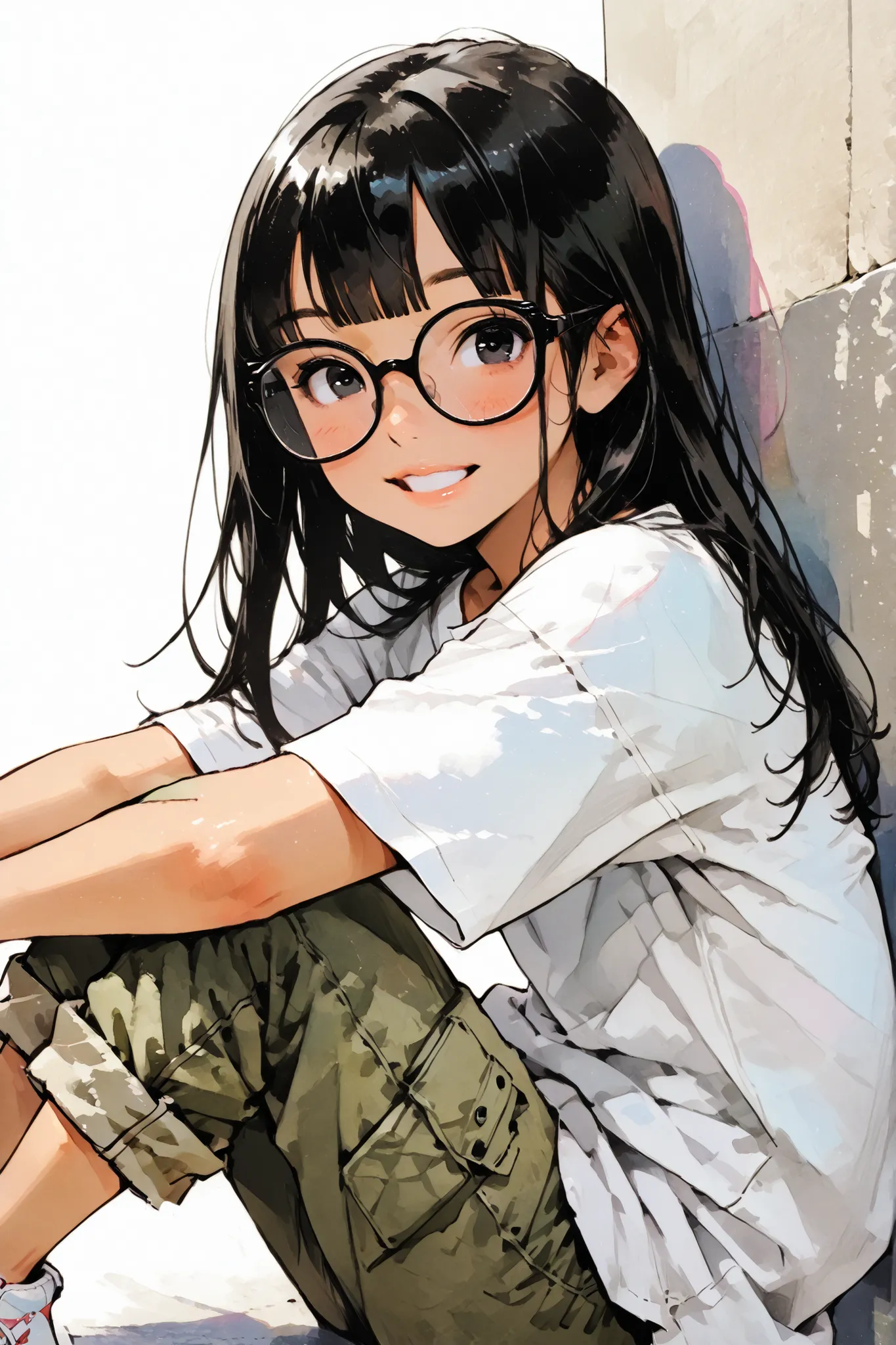 1girl,Super Detailed,absolute resolution,(dynamic angles),(tanned skin:0.3),(portrait),((pinup)),(close-up),from side,
sitting,Leaning on wall,knees up,looking at viewer,
(oversized white long T-shirt),,((untucked T-shirt)),wide pant,cargo pants,(pants rol...