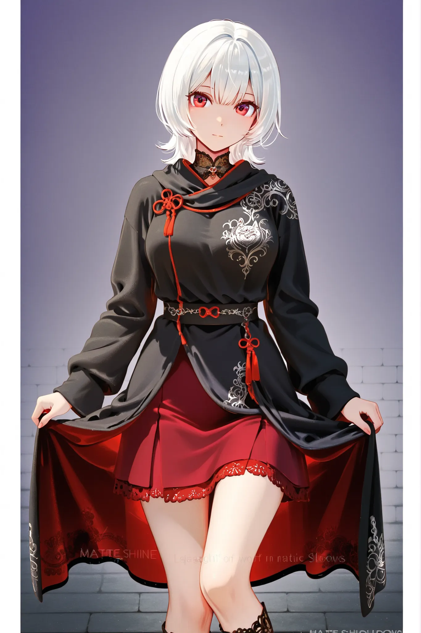 top quality, textured like a picture, super resolution, // character basics
1 girl, beautiful girl, solo,
((wolf cut:1.4)),
((white hair with purple gradation:1.4)),
((bright red eyes:1.4)), // Clothing Details
((black long sleeve robe:1.5)),
((matte fabri...