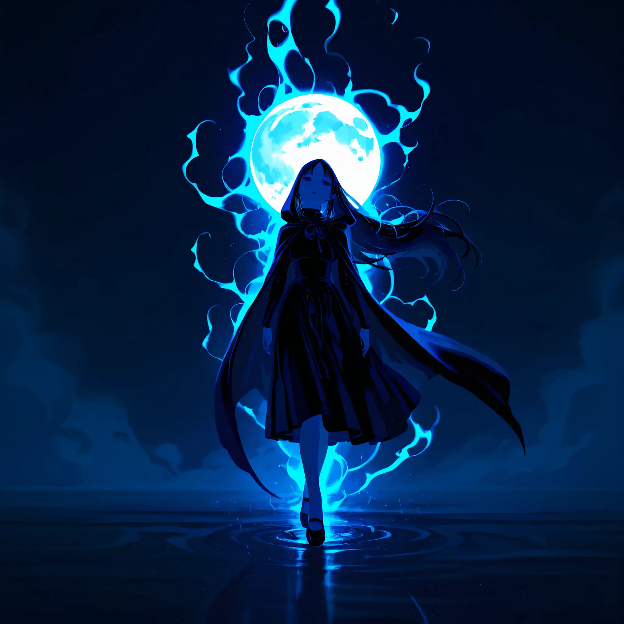 a gothic woman floating in the night sky, Dynamic Pose. long black hair and a straight bang, My skin is white, wears a cloak to cover her head、FACE SEE. she creates a mystical hand mudra. As she floats、a green energy aura envelops her. with a greenish full...
