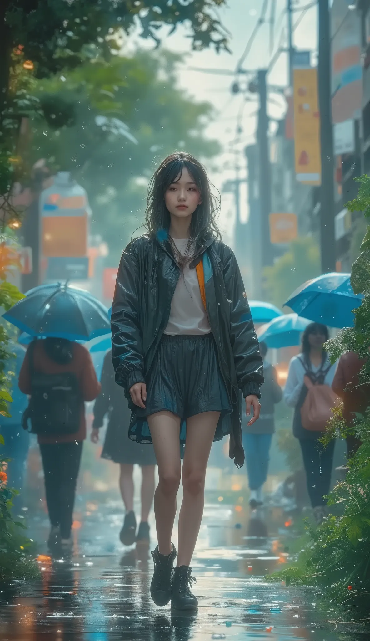 A young person walking in the rain, without an umbrella. Everyone else passes by, dry and indifferent. Cinematic style.