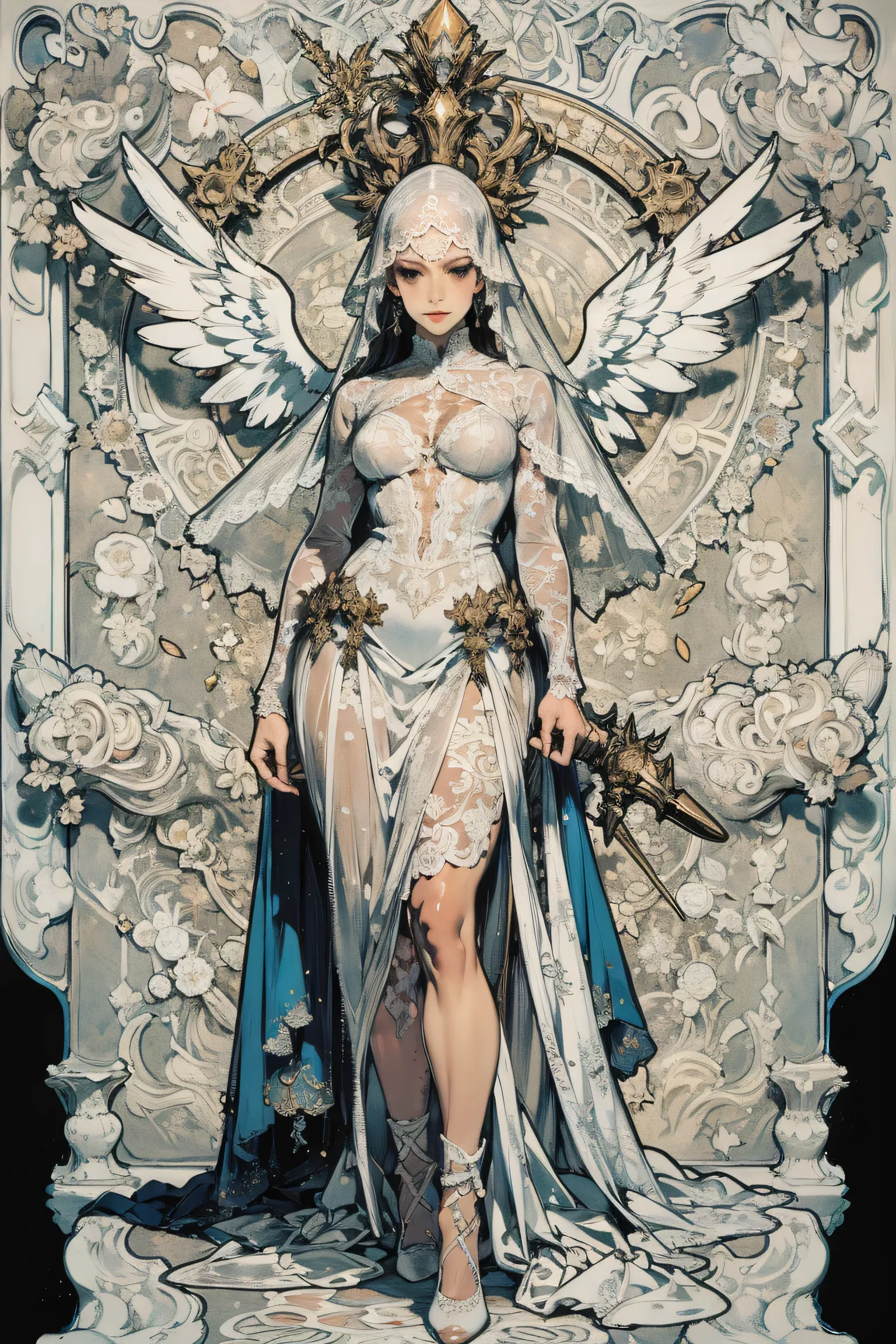 OverallDetail, Mucha art style , masterpiece, (front focus),    Surrealist Female Portrait,    Fantasy Art ,   realism, dynamic lighting,   Art Station  , posters,    Volumetric Optics and Tonfer ,  Very Elegant Face ,  Dark Eyes,  Eyeliner ,4K,    award  ...