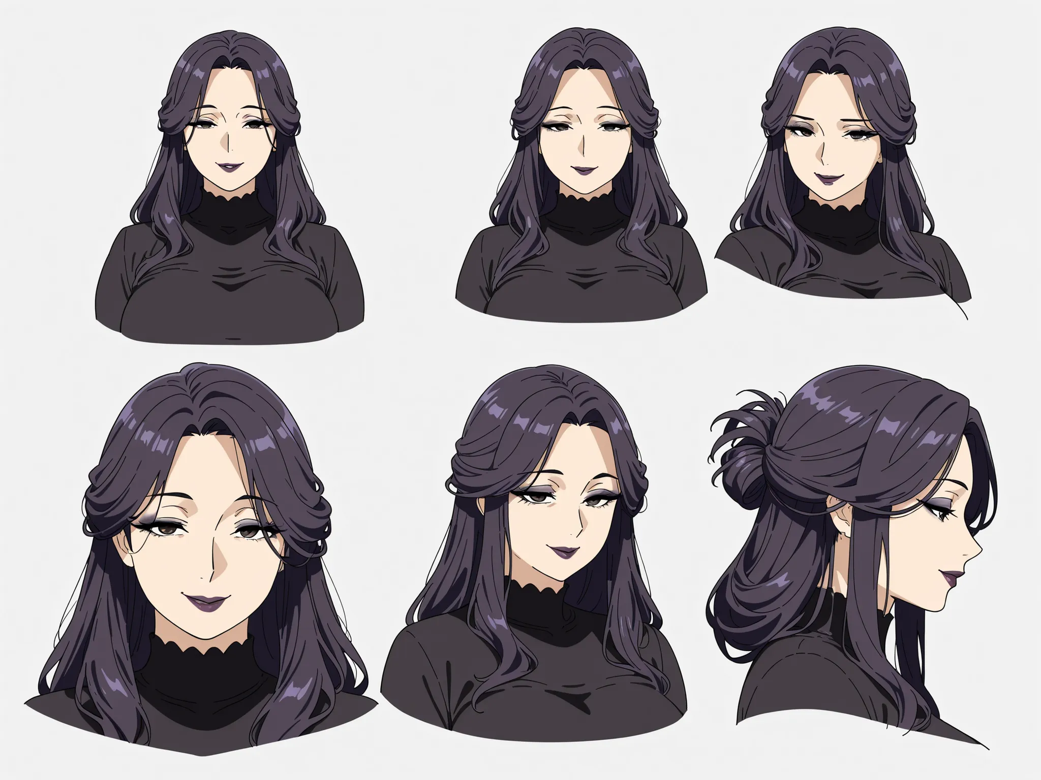 masterpiece, best quality, character design sheet, clean lineart, ((mature goth woman)), loose hairstyle, long hair, plump curvy figure, hazel eyes, sultry, seductive, milf, long lashes, makeup, eye smile, condescending, aroused look, dark purple hair, cle...