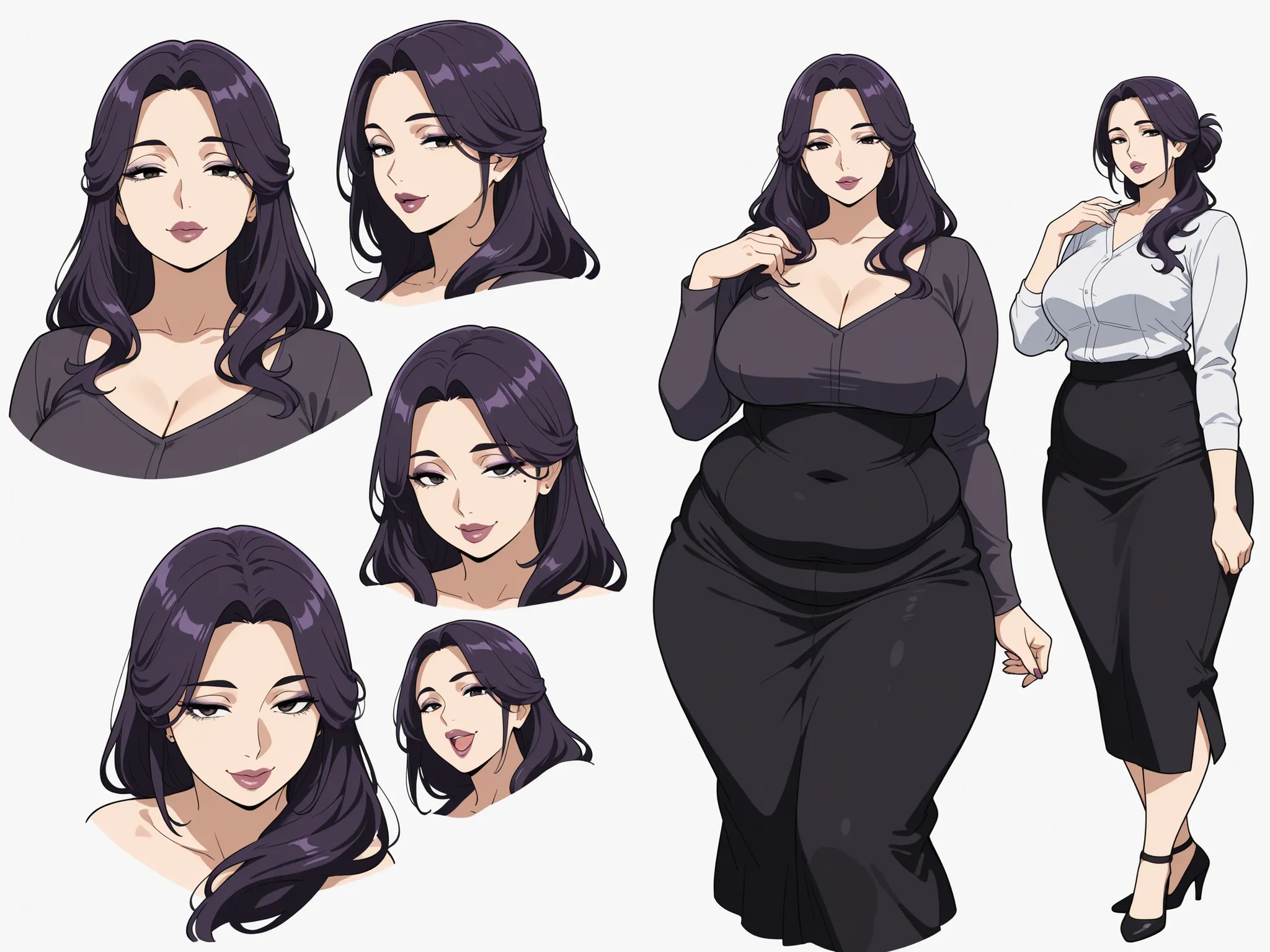 masterpiece, best quality, character design sheet, clean lineart, ((mature goth woman)), thick lips:0.7, loose hairstyle, long hair, plump curvy figure, hazel eyes, sultry, seductive, milf, long lashes, makeup:0.7, eye smile, condescending, aroused look, d...