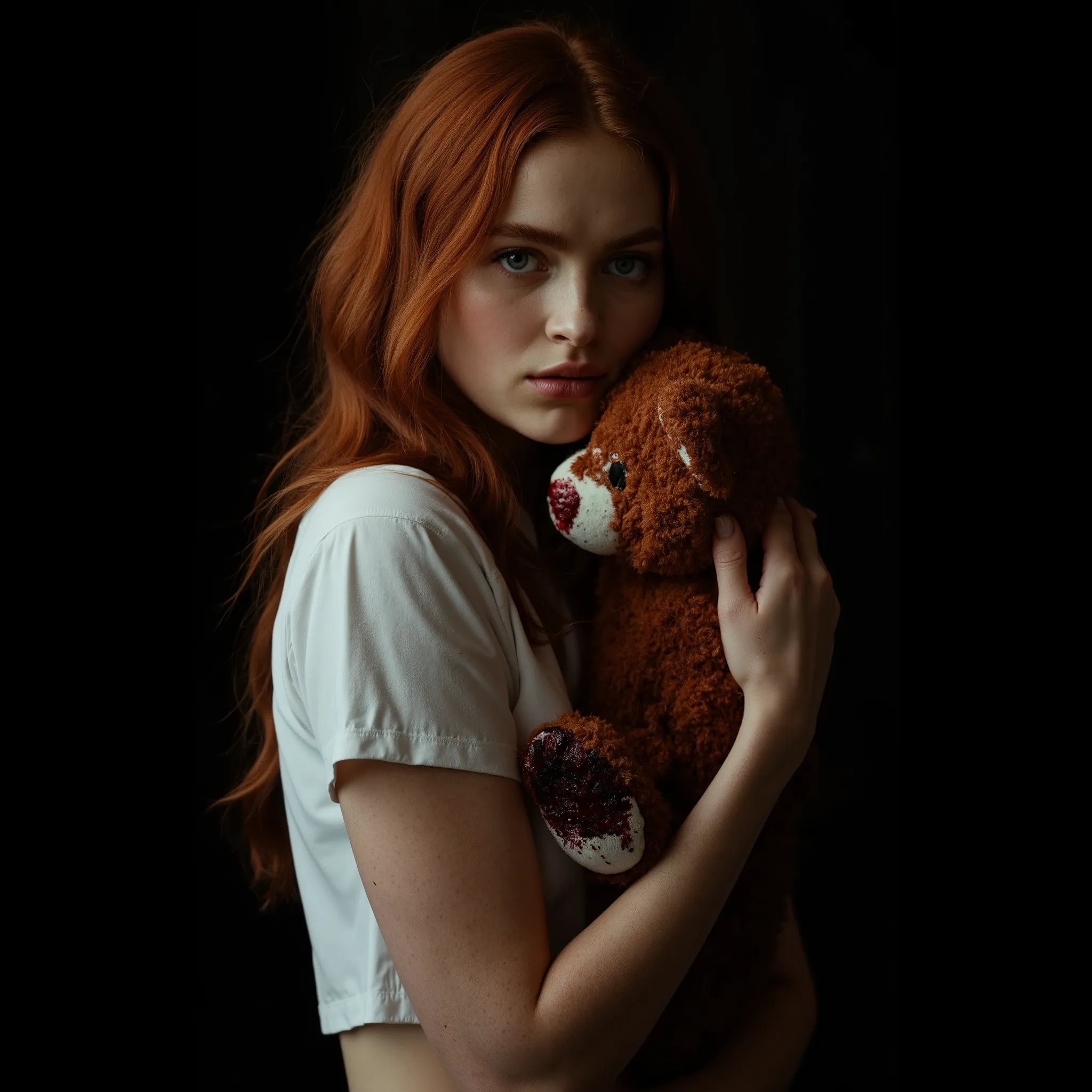 A woman with light and messy red hair, wearing a simple white t-shirt. She is under a soft and dark lighting, that casts dramatic shadows . His expression is unsettling with an intense and empty look.. Blood flows from the corner of her mouth and stains h...