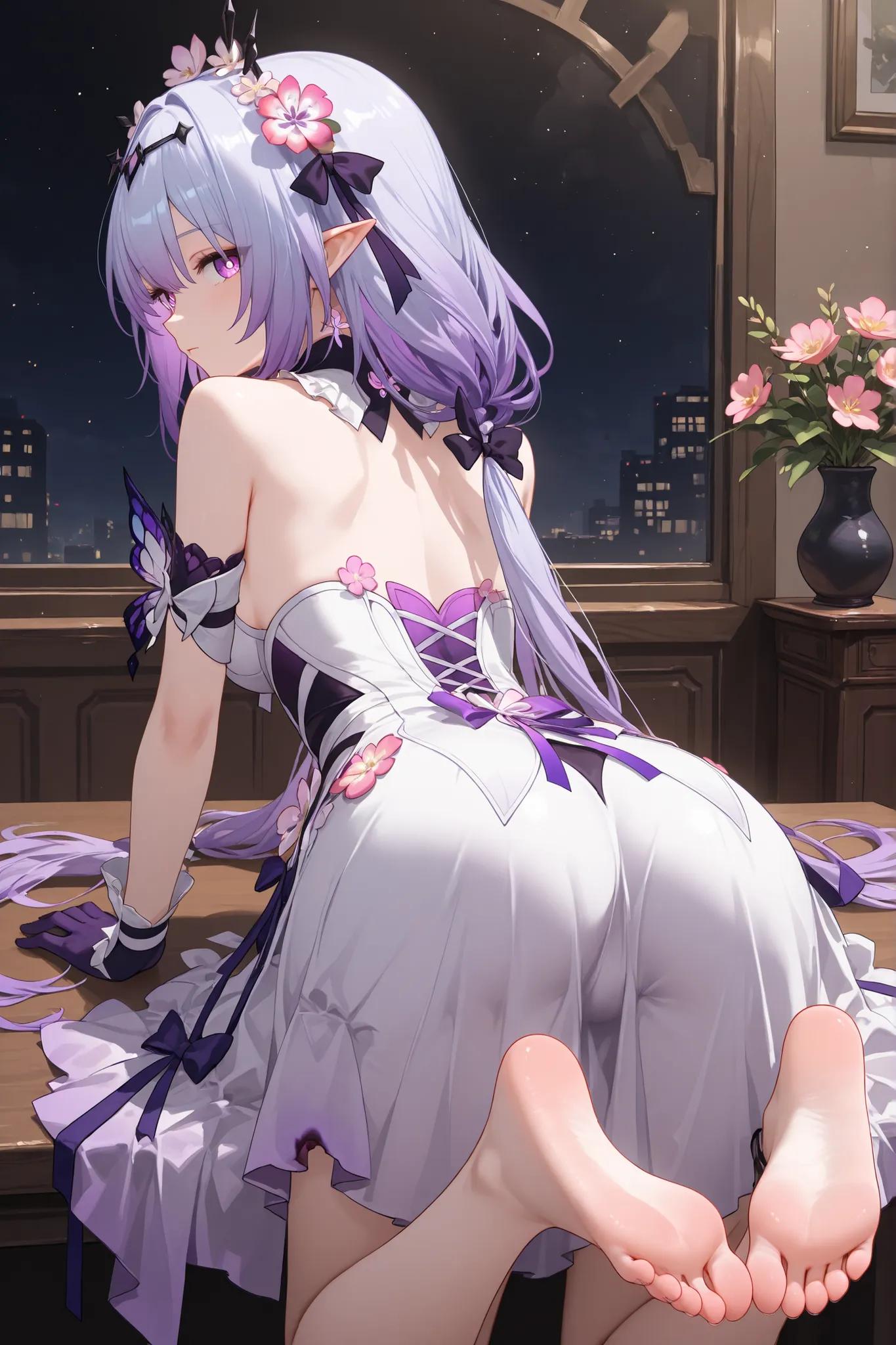 Castorice, honkai star rial, a very sexy anime character with blue hair posing in front of a table, 1girl, barefoot, soles, purple hair, ass, solo, purple eyes, pointy ears, long hair, feet, gloves, looking back, looking at viewer, hair ornament, purple gl...