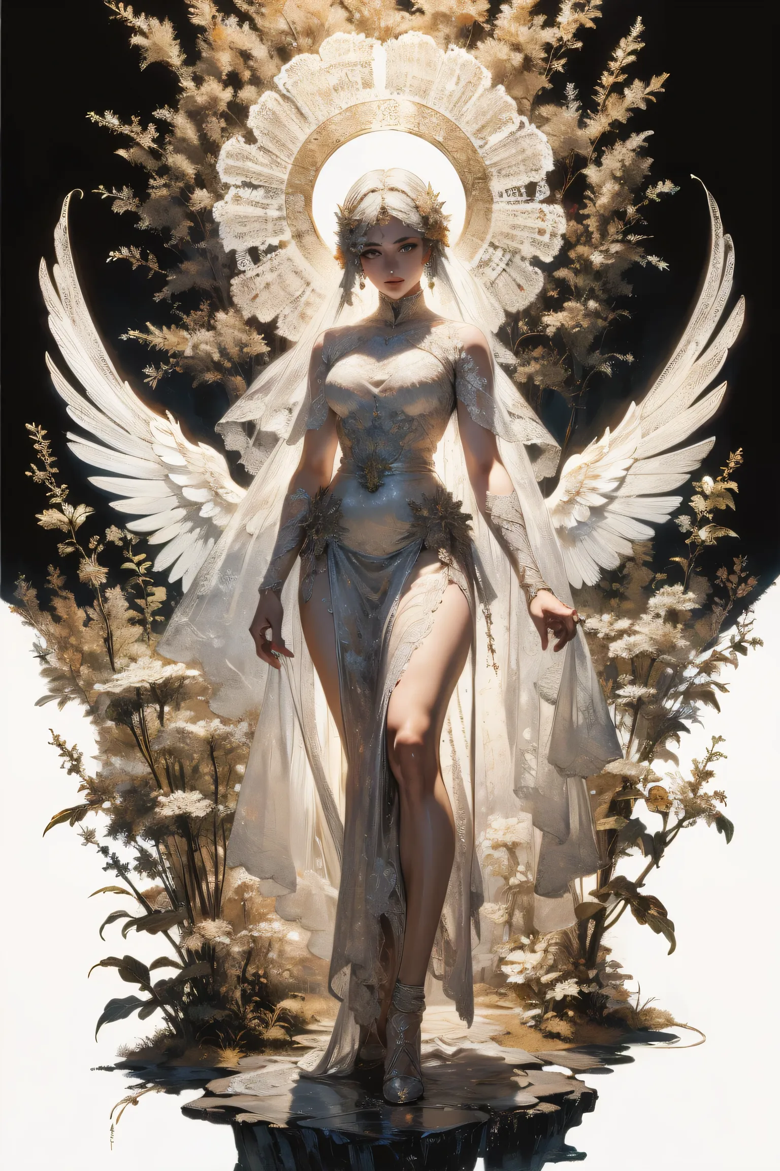 OverallDetail, Mucha art style , masterpiece, (front focus),    Surrealist Female Portrait,    Fantasy Art ,   realism, dynamic lighting,   Art Station  , posters,    Volumetric Optics and Tonfer ,  Very Elegant Face ,  Dark Eyes,  Eyeliner ,4K,    award  ...