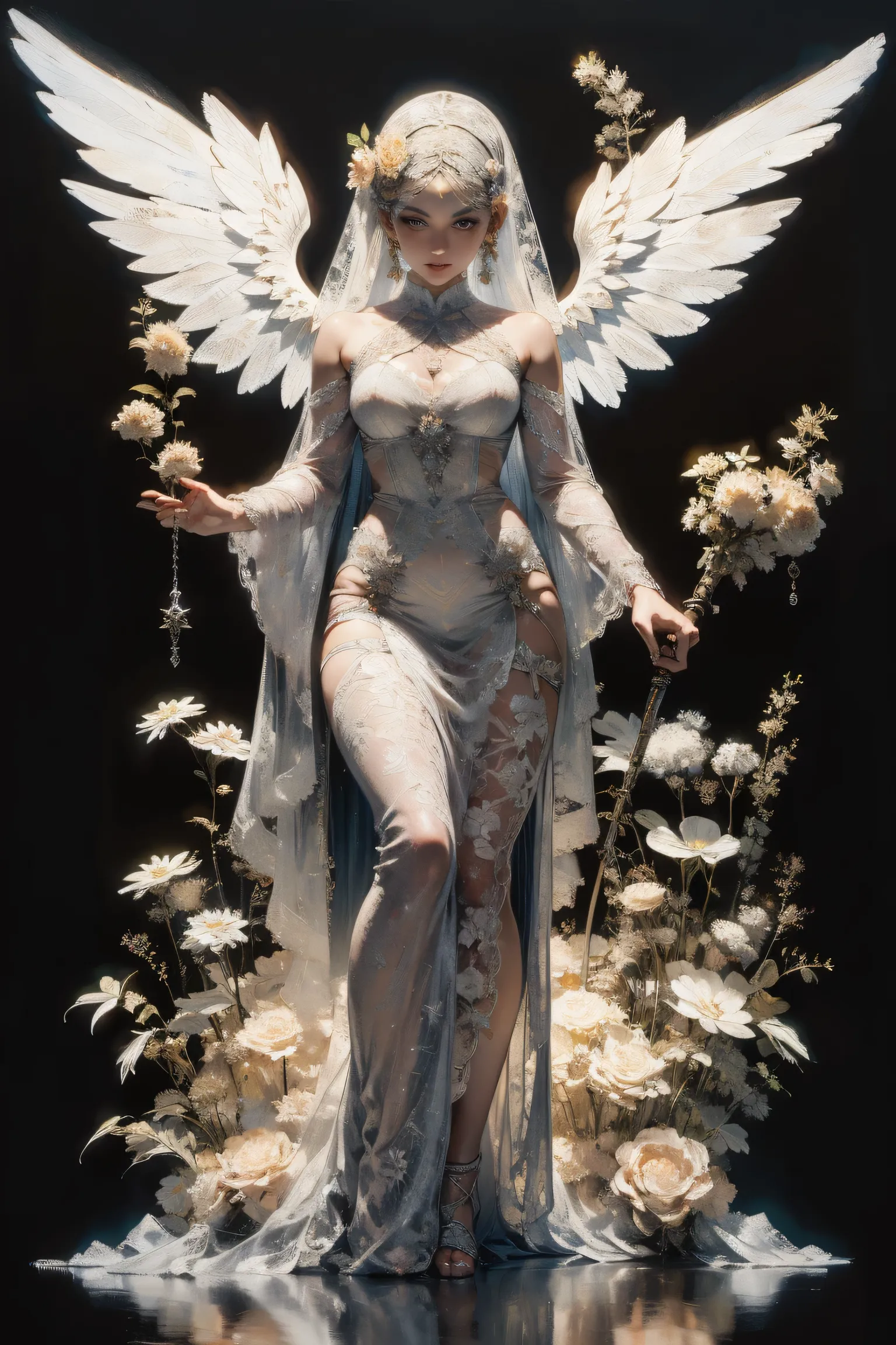OverallDetail, Mucha art style , masterpiece, (front focus),    Surrealist Female Portrait,    Fantasy Art ,   realism, dynamic lighting,   Art Station  , posters,    Volumetric Optics and Tonfer ,  Very Elegant Face ,  Dark Eyes,  Eyeliner ,4K,    award  ...