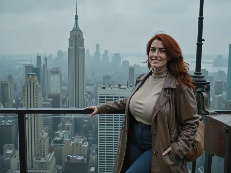 (photorealistic), epic, (cinematic still), canon EOS, kodachrome, (dynamic camera angle), foggy, rainy, grey. A scene in New York on top of a skyscraper. The city opens below. Manhattan skyline. Empire state building. Far away the statue of liberty. Brookl...