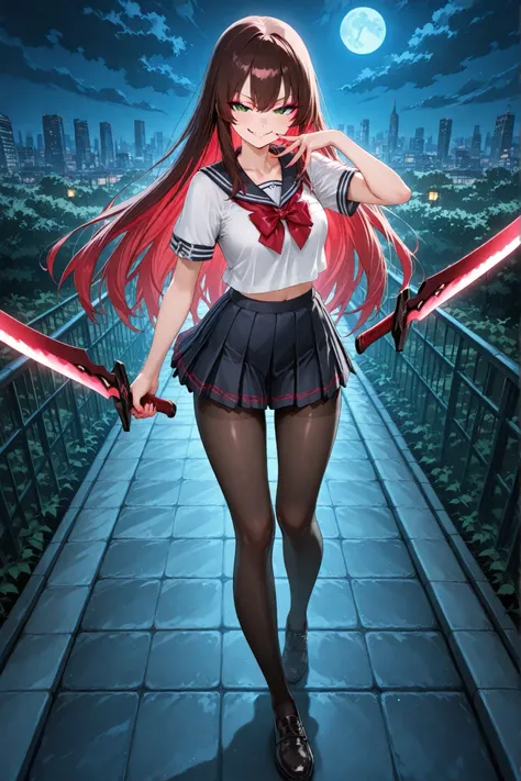 HD, HDR, fine trait, Beautiful Gorgeous Fighting pose armed with two blades, very short shine darkblue bobbed hair , green eyes, slender, standing proud, shiny skin, fierce face, smirk, sailor suit, Summer clothes, short navy red skirt, Black Pantyhose, in...