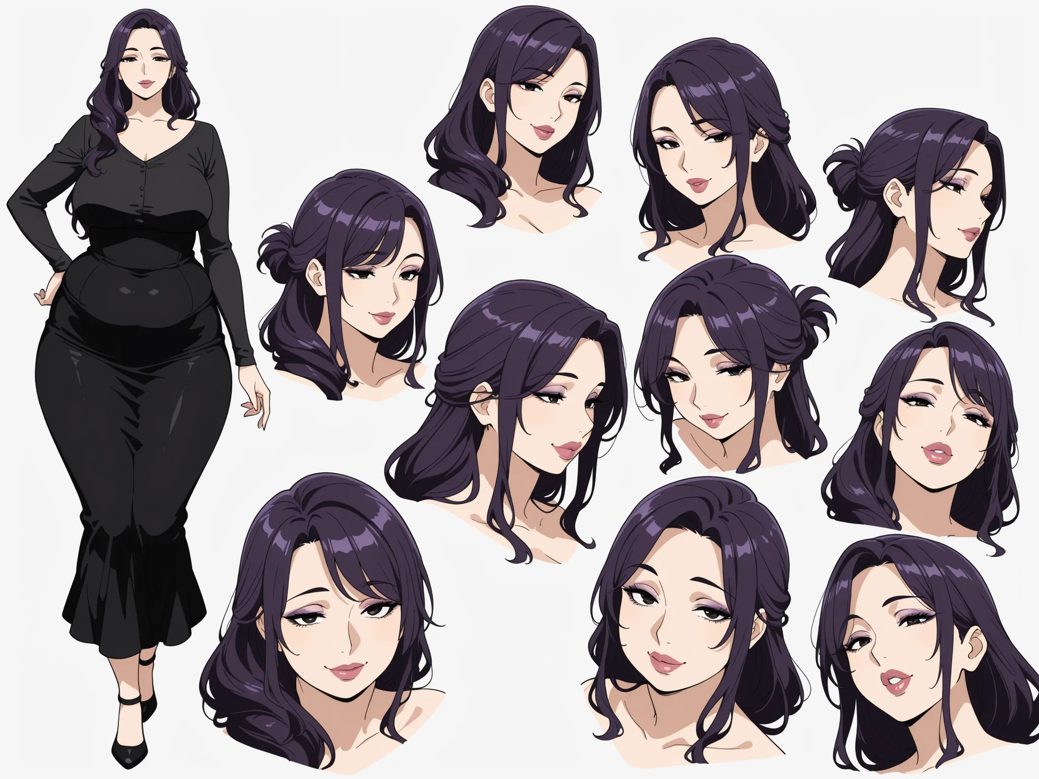 masterpiece, best quality, character design sheet, clean lineart, ((mature goth woman)), thick lips:0.7, loose hairstyle, long hair, plump curvy figure, hazel eyes, sultry, seductive, milf, long lashes, makeup:0.7, eye smile, condescending, aroused look, d...