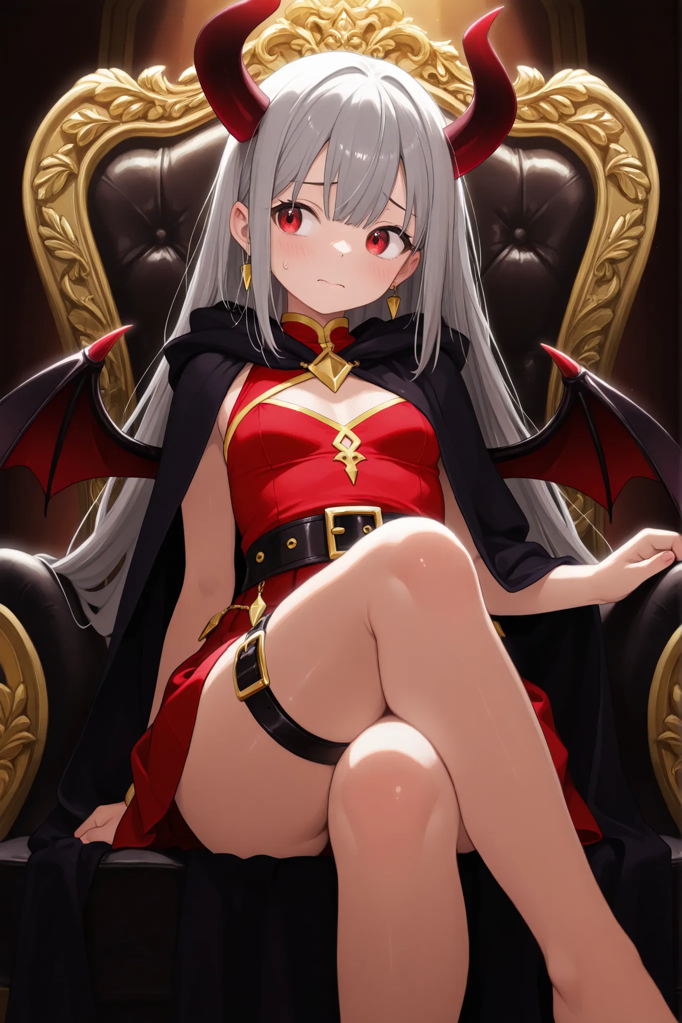 top quality、masterpiece、One Girl、 Demon King、Red eyes、gray hair、Long hair、Devil's Wings、fidggy posture、Nervous Expression、looking away、Black Cloak、Gold Embellishment、red sleeveless、red skirt、黒とGold Embellishment、thigh belt、Dark Throne、sitting、Inside the da...