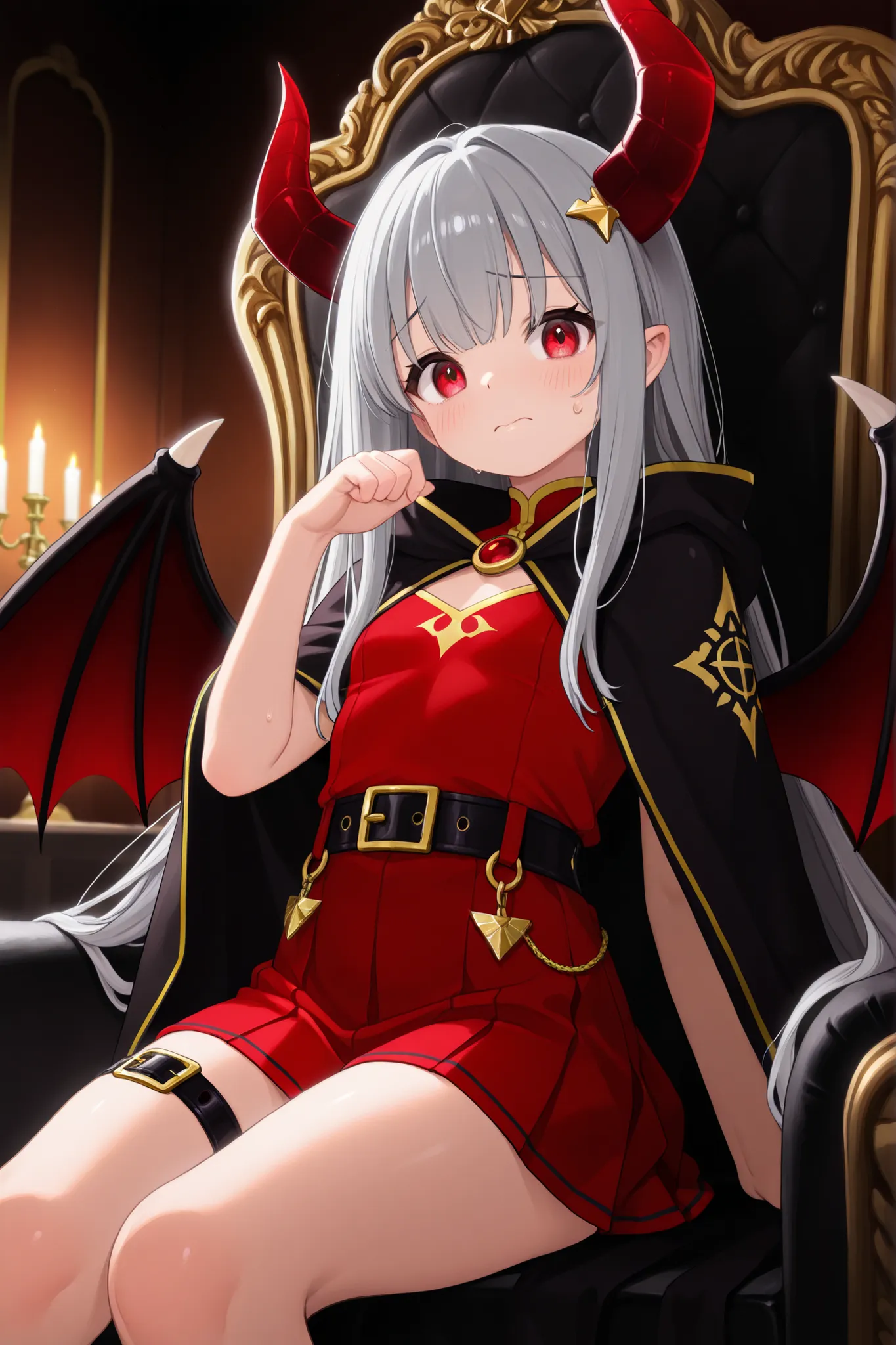 top quality、masterpiece、One Girl、 Demon King、Red eyes、gray hair、Long hair、Devil's Wings、fidggy posture、Nervous Expression、looking away、Black Cloak、Gold Embellishment、red sleeveless、red skirt、黒とGold Embellishment、thigh belt、Dark Throne、sitting、Inside the da...