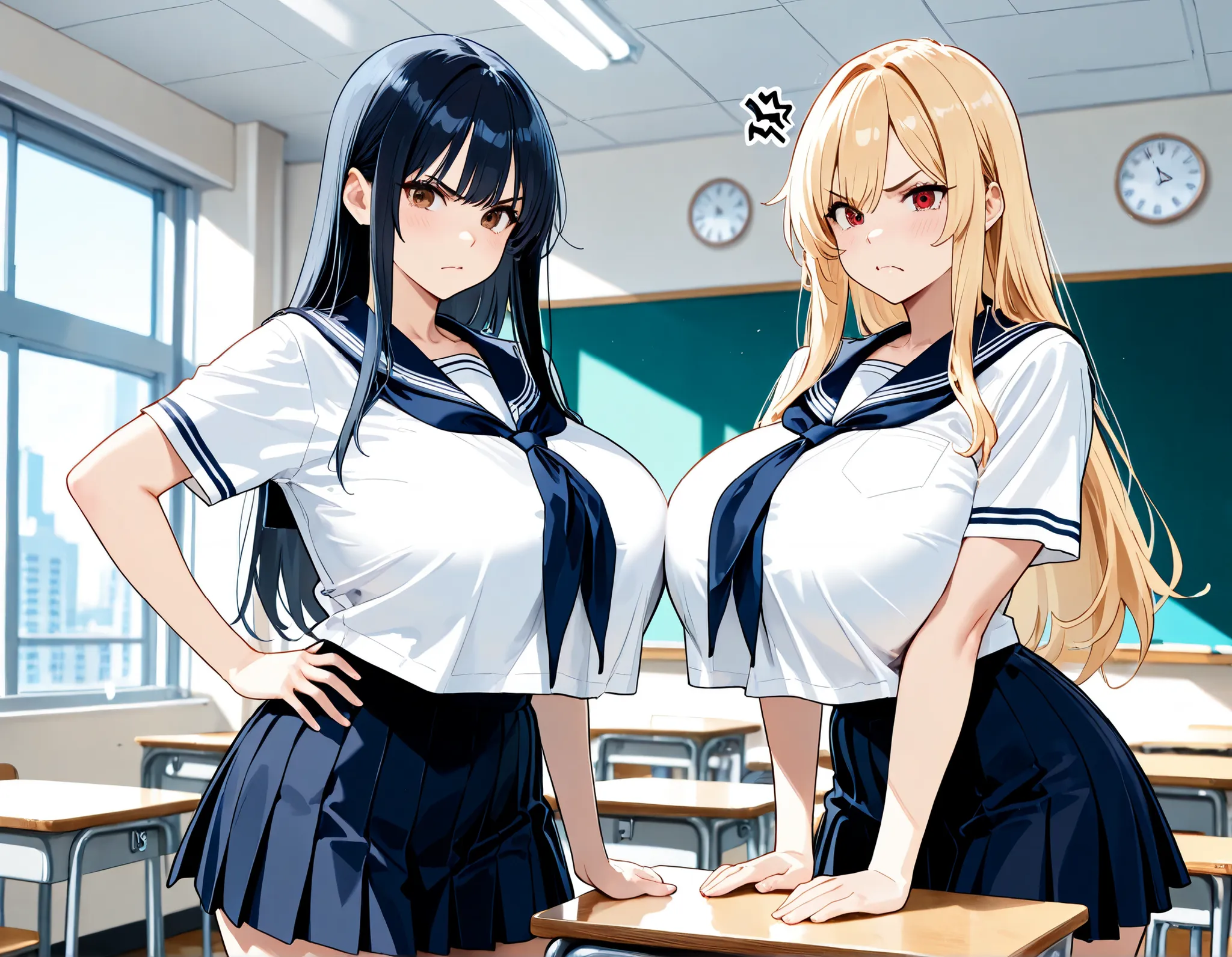 masterpiece, Hi-Res, very high resolution, 8k, super detailed, top quality, Japanese Women, 2 high school girls, long blonde on the left, beautiful character design, tall from the school building, Clean face, beautifully detailed depiction of eyes, Express...