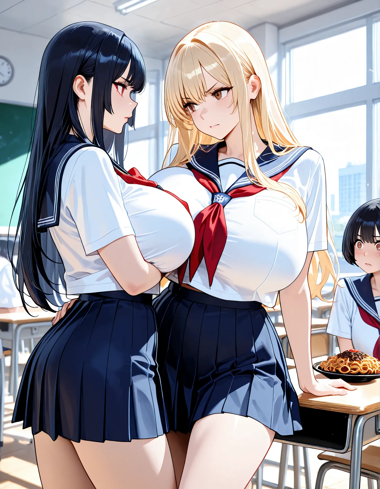 masterpiece, Hi-Res, very high resolution, 8k, super detailed, top quality, Japanese Women, 2 high school girls, Fight with a Japanese sword, (anger, They hate each other), long blonde on the left, beautiful character design, tall from the school building,...