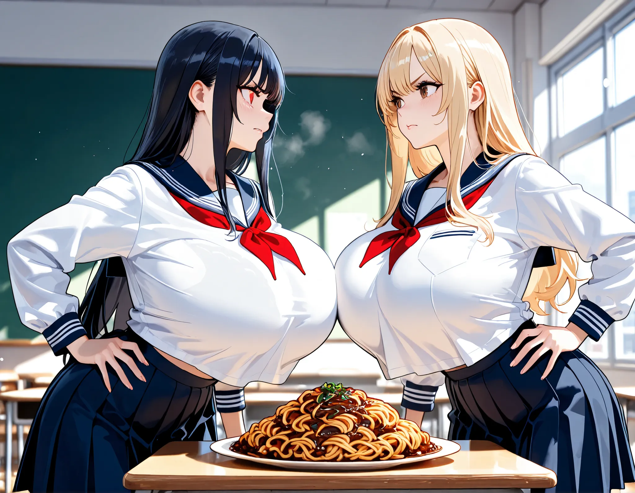 masterpiece, Hi-Res, very high resolution, 8k, super detailed, top quality, Japanese Women, 2 high school girls, anger, They hate each other, (Sword Fighting, duel scene ), long blonde on the left, beautiful character design, tall from the school building,...