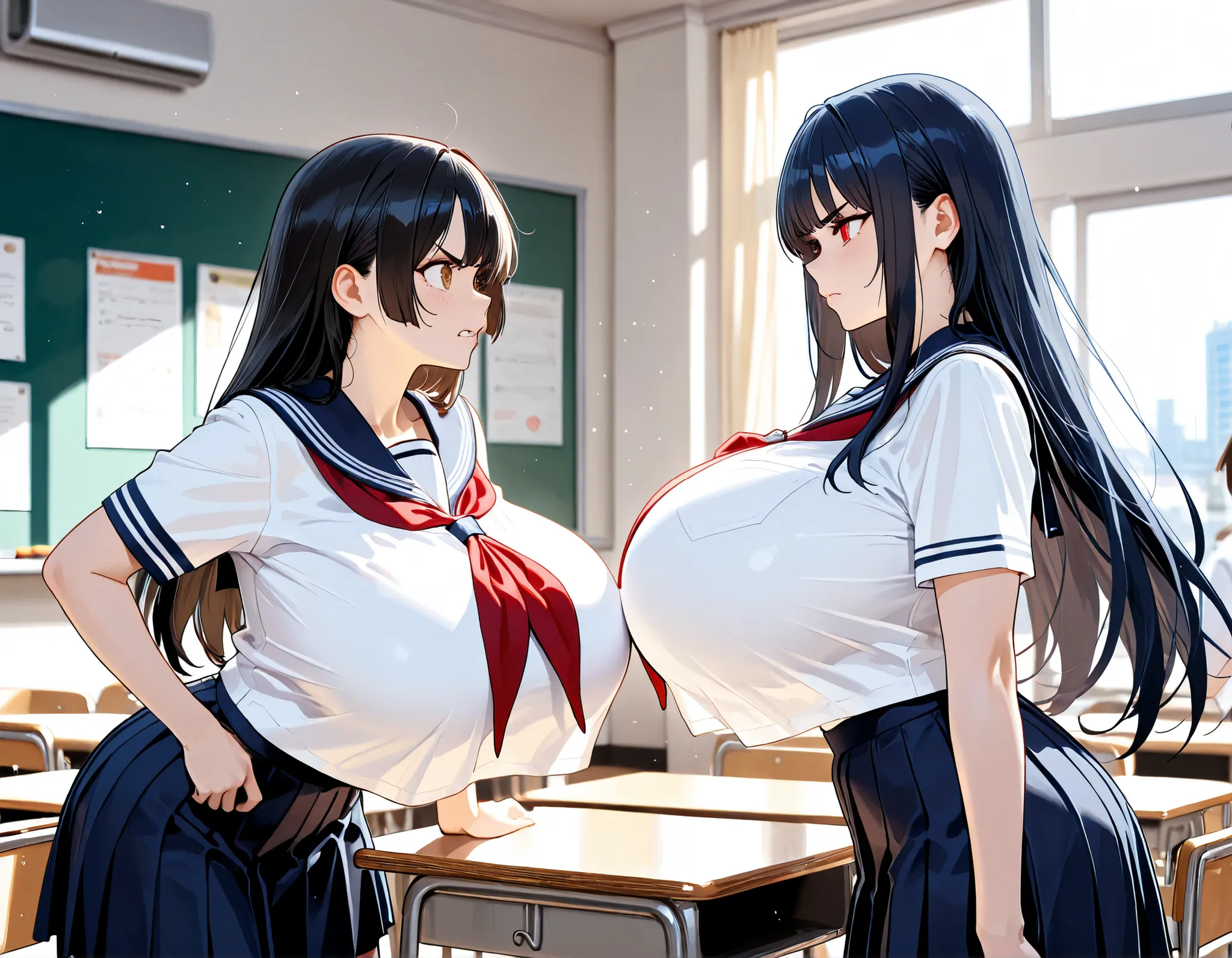 masterpiece, Hi-Res, very high resolution, 8k, super detailed, top quality, Japanese Women, 2 high school girls, anger, They hate each other, (Sword Fighting, duel scene ), long blonde on the left, beautiful character design, tall from the school building,...
